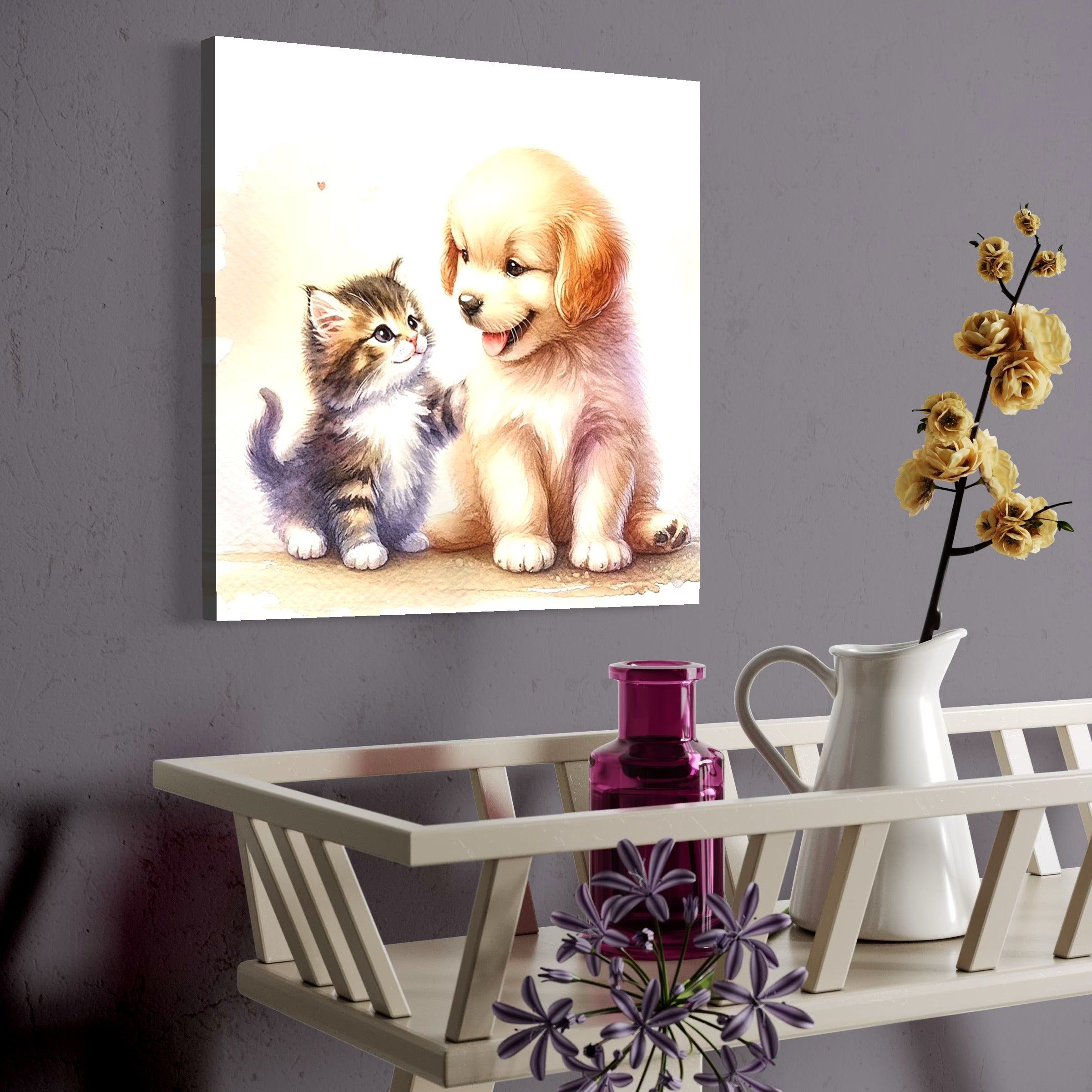 tablou canvas cu un catelus si o pisicuta, pictati pe un fundal alb