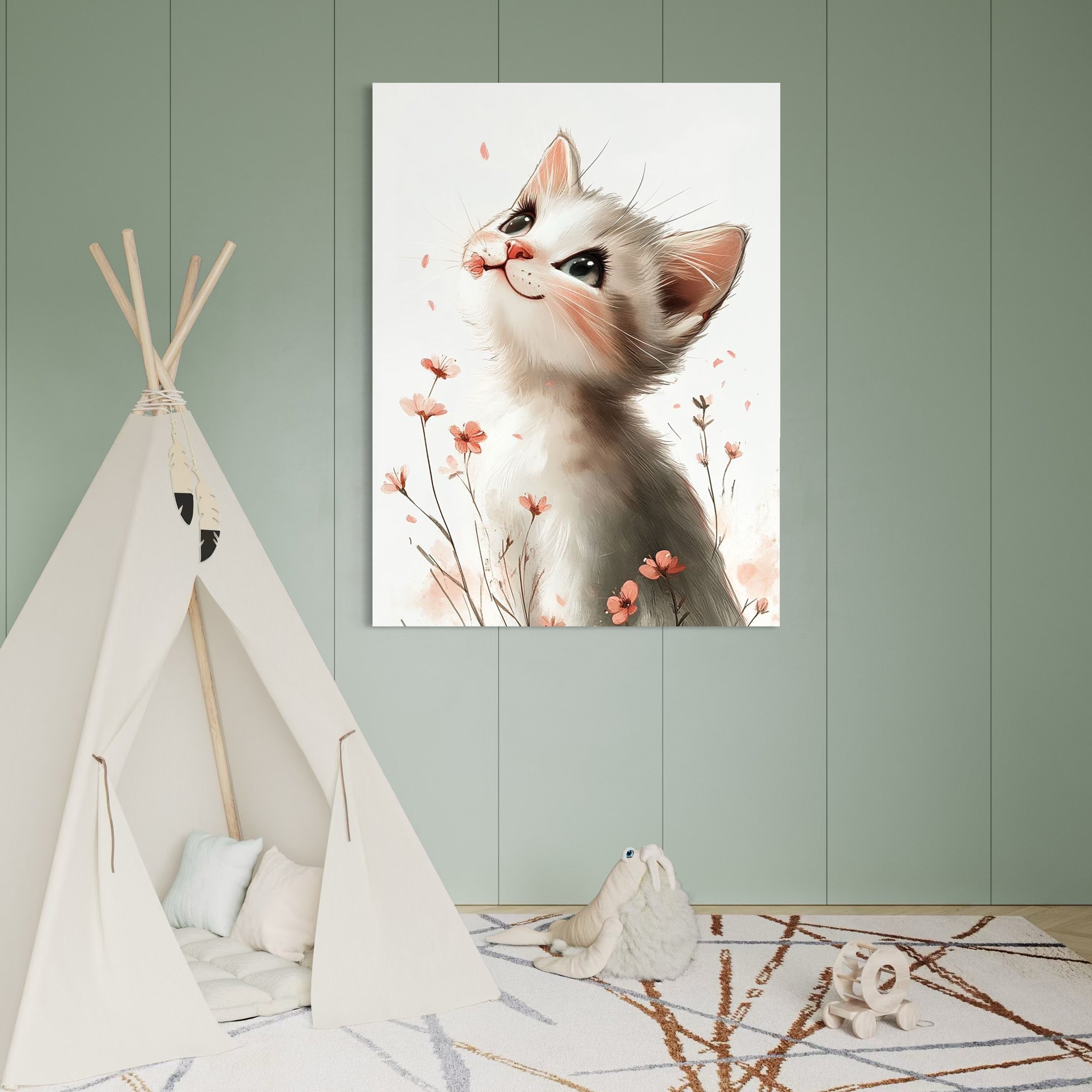 tablou canvas cu o pisicuta visatoare, intr-un camp cu floricele pe fundal alb