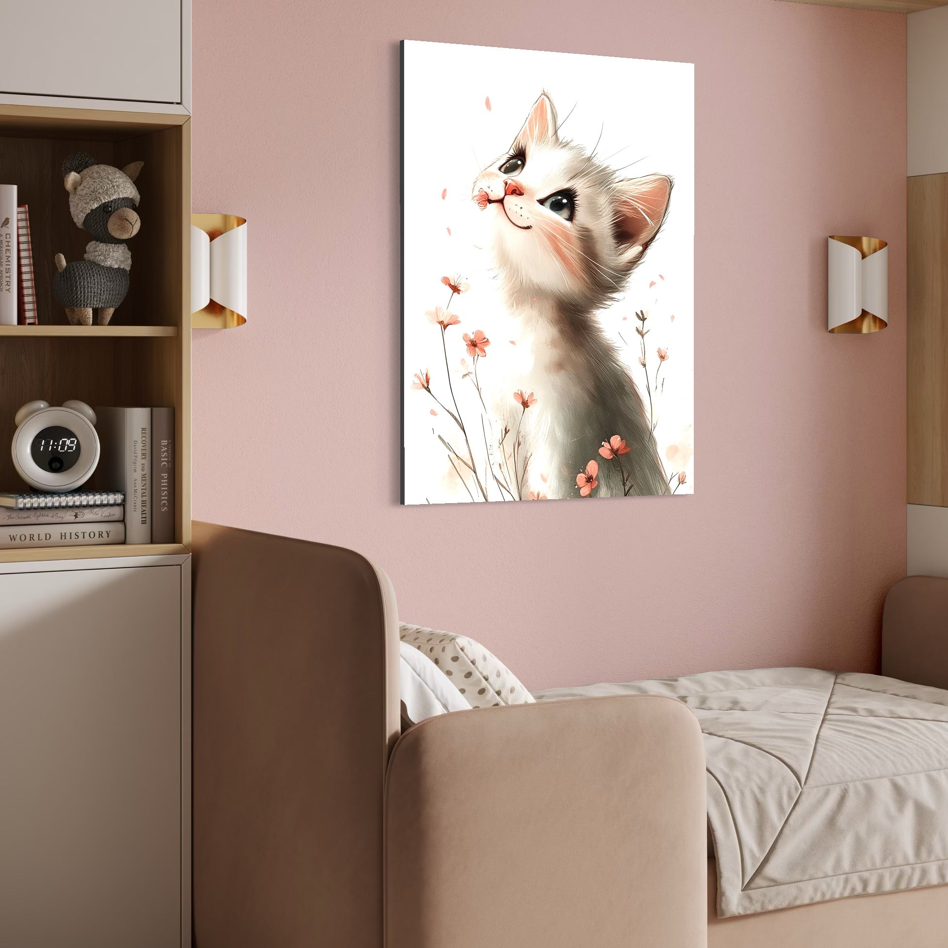 tablou canvas cu o pisicuta visatoare, intr-un camp cu floricele pe fundal alb