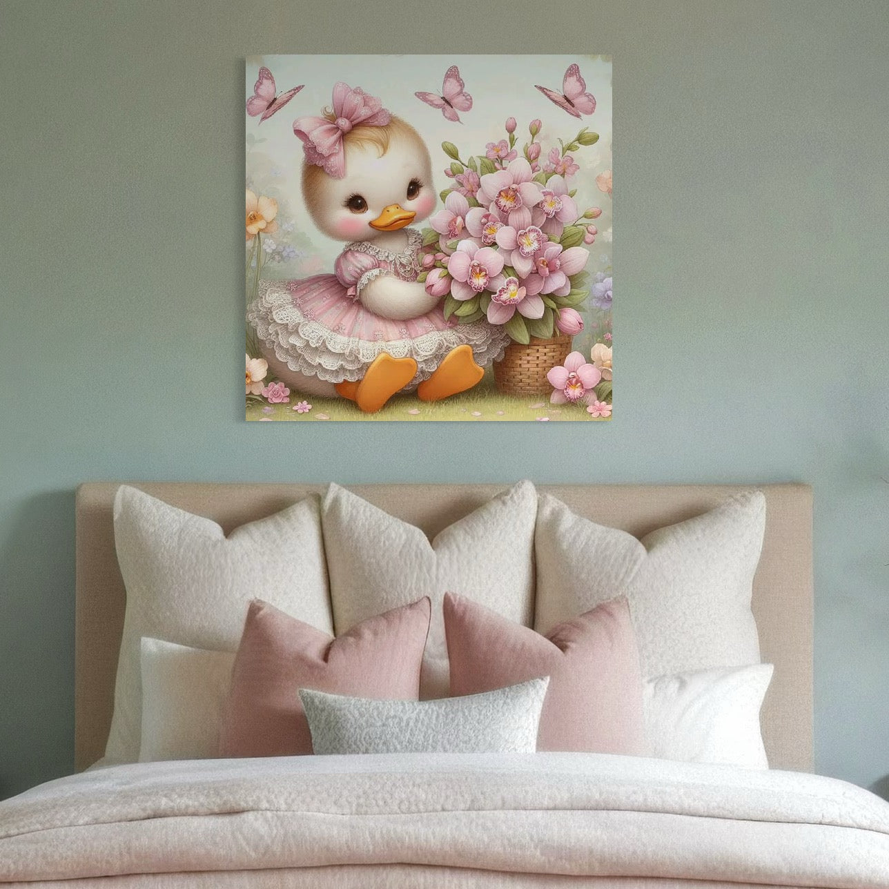 tablou canvas cu o ratusca cu rochita si o fundita roz, langa o orhidee intr-o gradina cu fluturi 