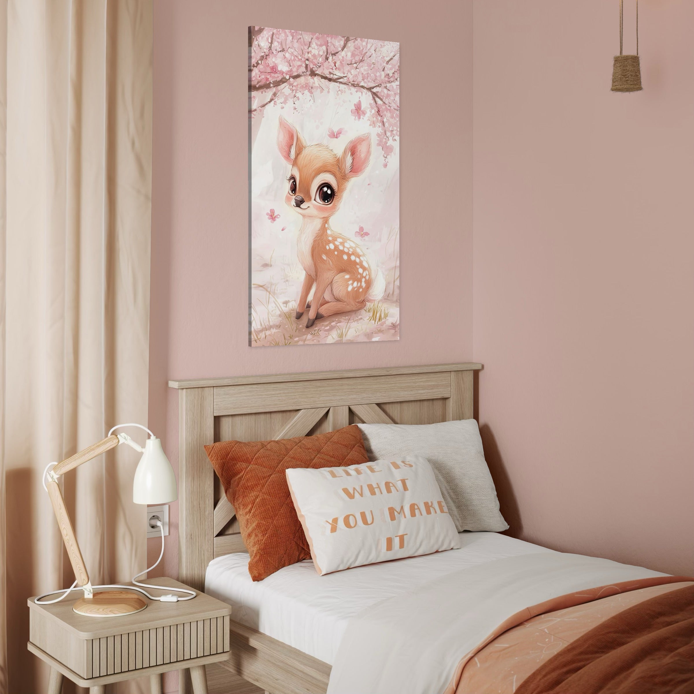 tablou canvas cu o caprioara dragalasa, sub un copac cu flori roz de ciresc intr-o padure cu fluturi, redata in nuante pastelate