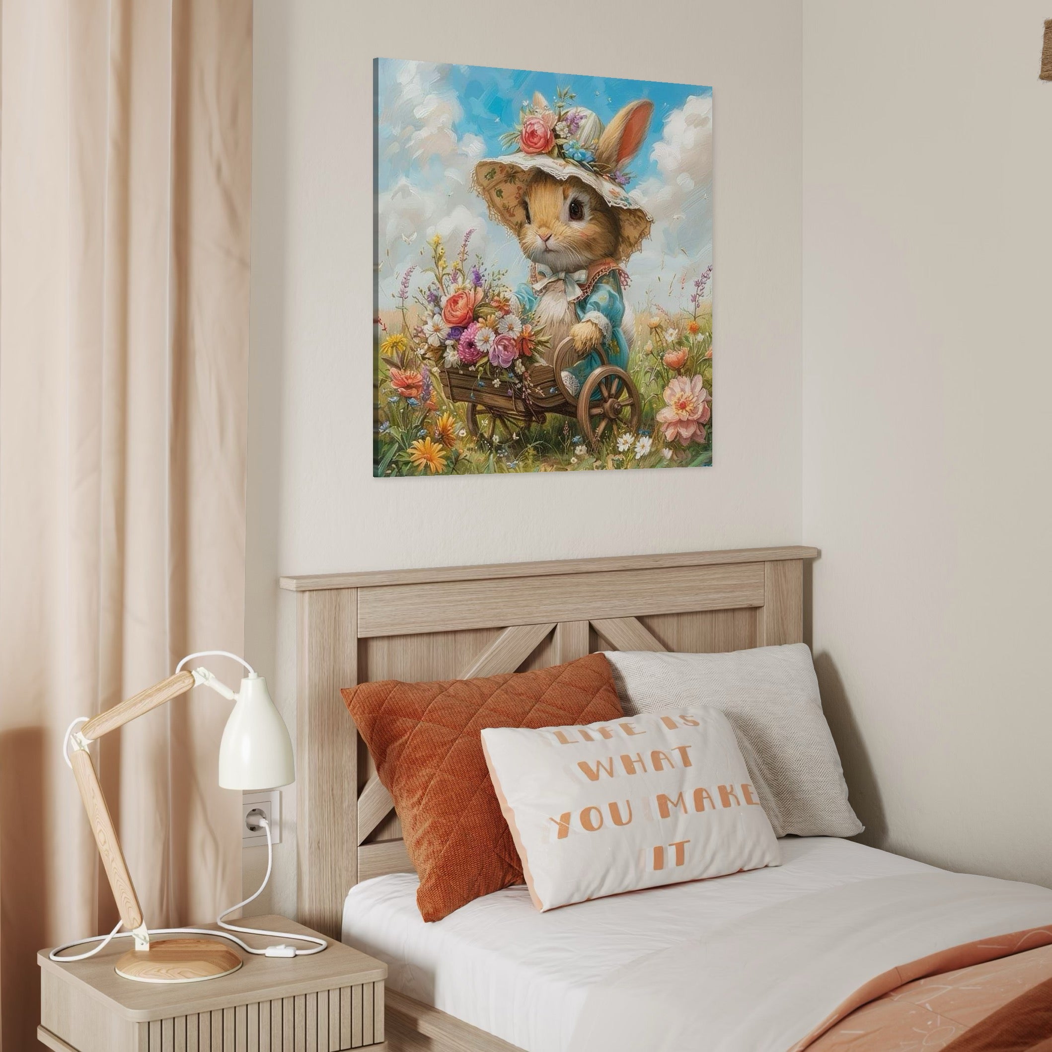 tablou canvas cu un iepuras cu rochita si palarie, plimband un carut de lemn, pe un camp cu flori