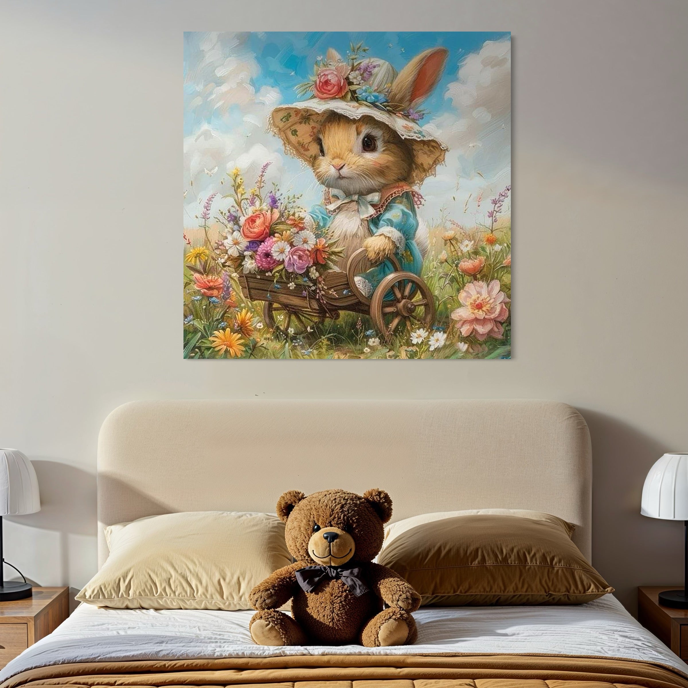 tablou canvas cu un iepuras cu rochita si palarie, plimband un carut de lemn, pe un camp cu flori