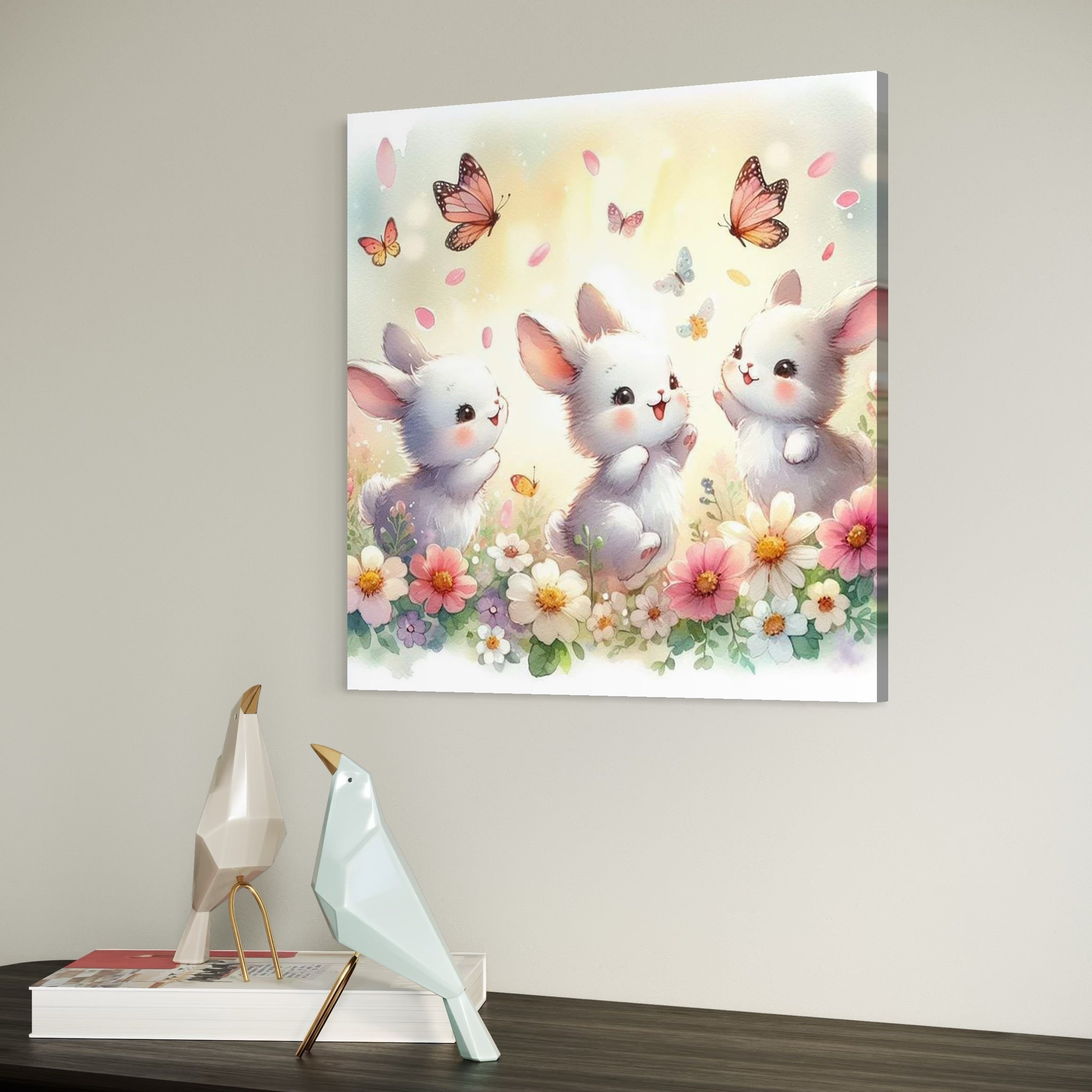 tablou canvas cu trei iepurasi jucandu-se printre flori colorate, pe fundal luminos cu fluturi si petale
