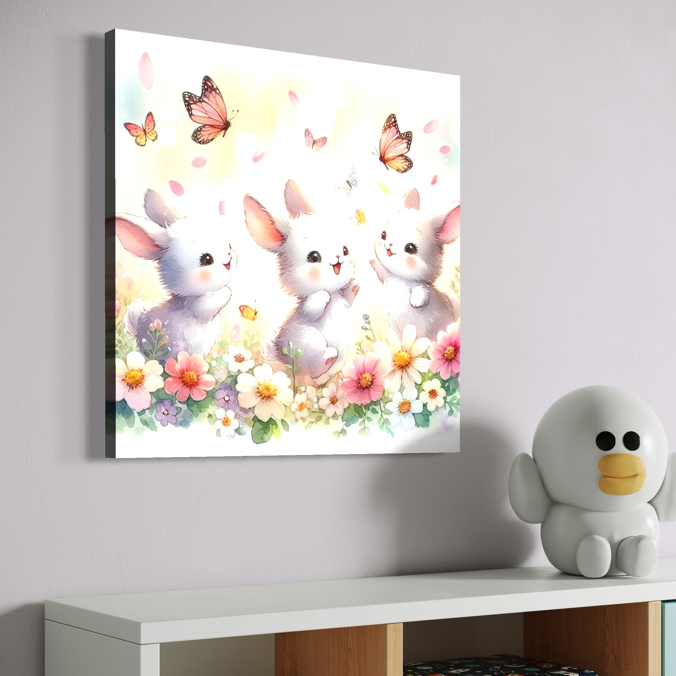 tablou canvas cu trei iepurasi jucandu-se printre flori colorate, pe fundal luminos cu fluturi si petale