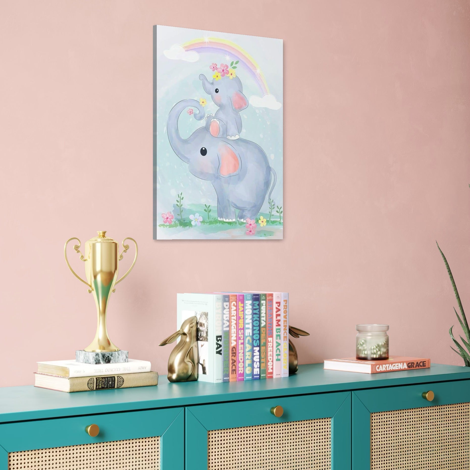 tablou canvas cu doi elefantei printre flori, pe fundal in culori pastelate cu un curcubeu si norisori