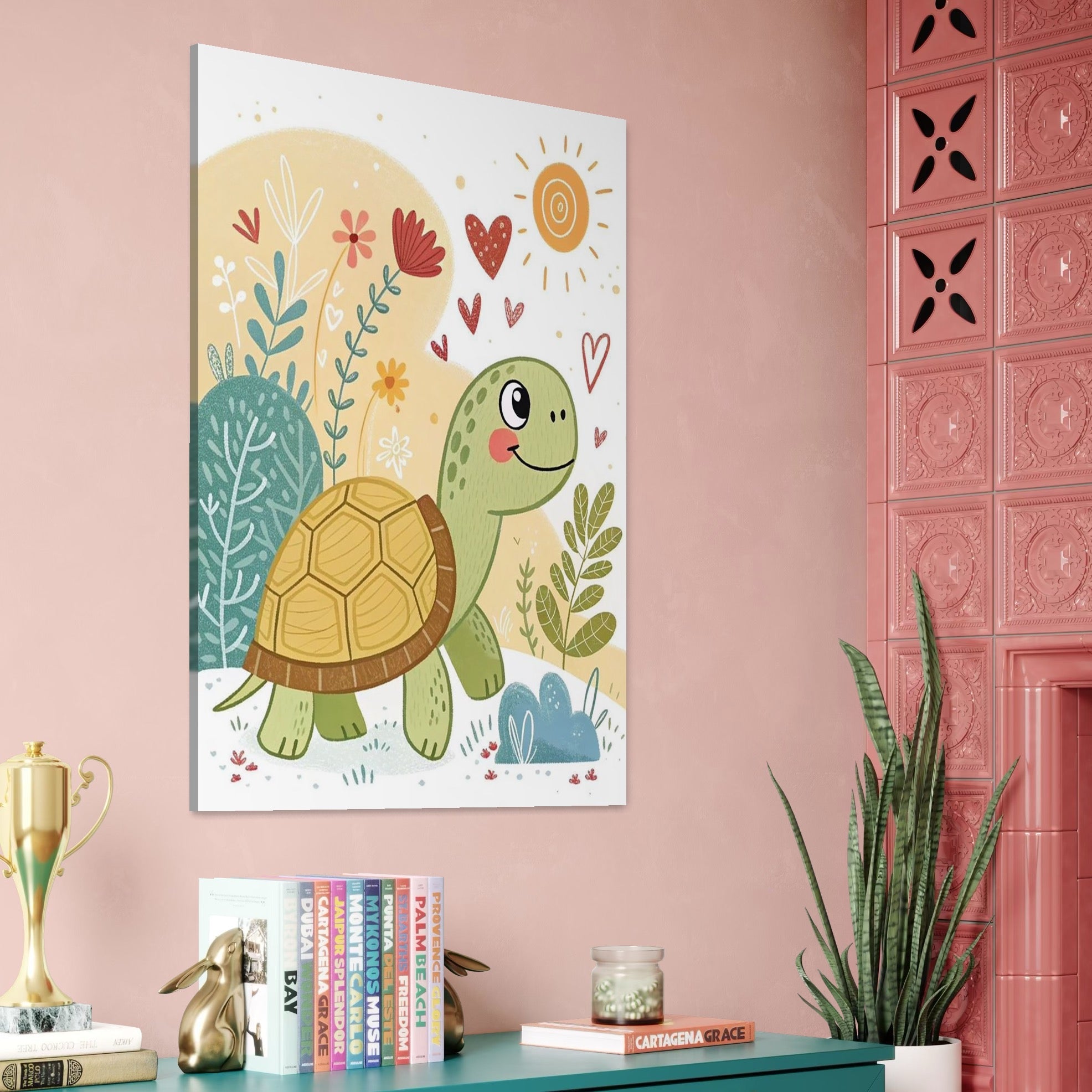 Tablou Canvas Premium, LuxCanva® K1043, Zambet din Carapace, Testoasa, Broasca, Gradina, Aventura, Soare, Curaj, Plimbare, Inimi, Flori, Copilaresc, Natura, Colorat, Camera Copil, Dormitor