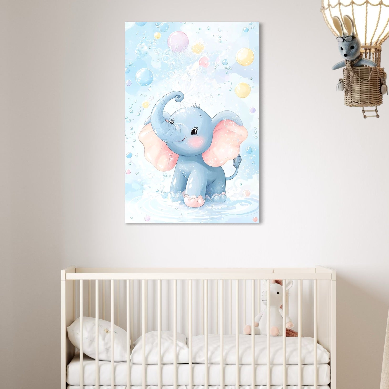 tablou canvas cu un elefantel jucaus pe apa, pe un fundal luminat cu balonase de sapun colorate