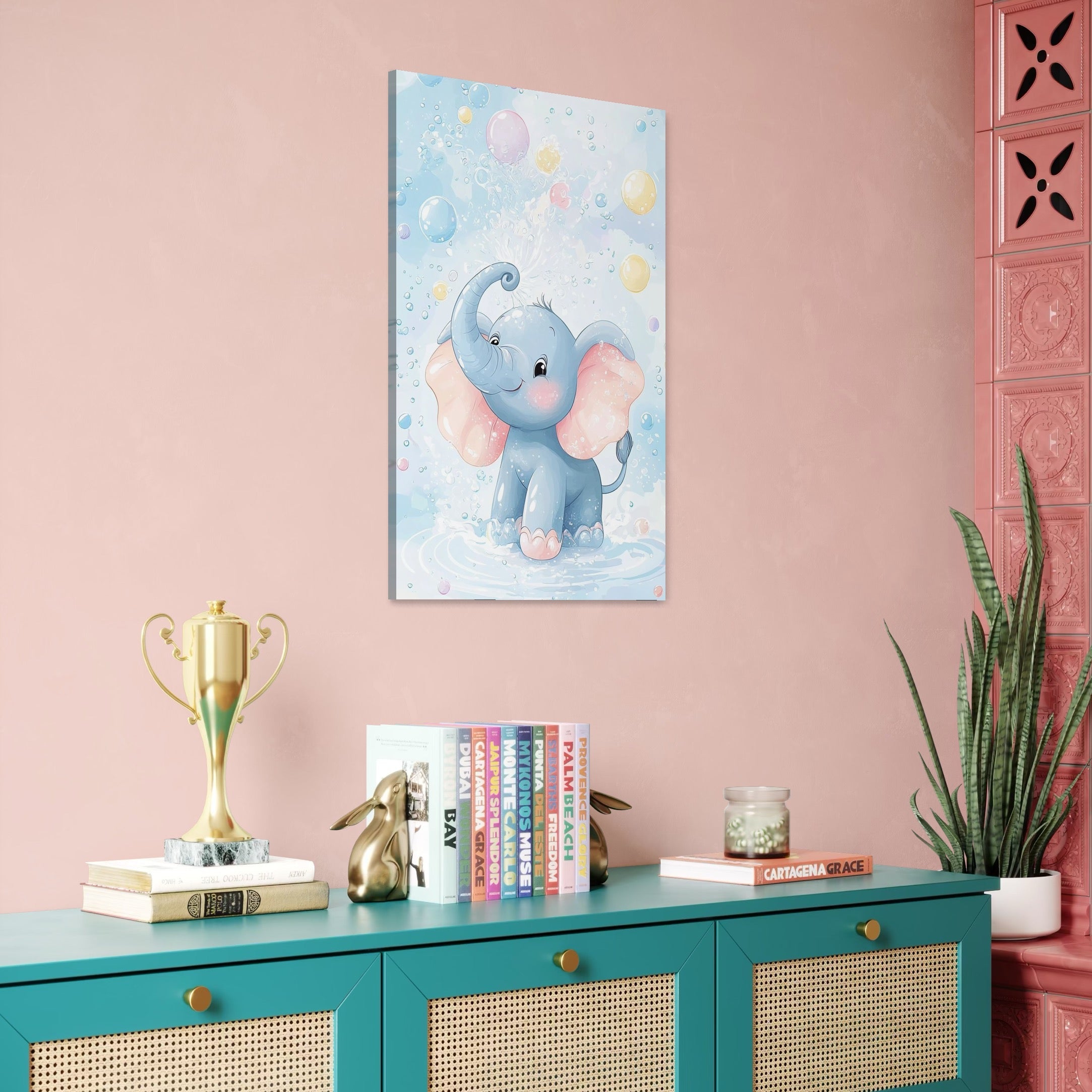 tablou canvas cu un elefantel jucaus pe apa, pe un fundal luminat cu balonase de sapun colorate