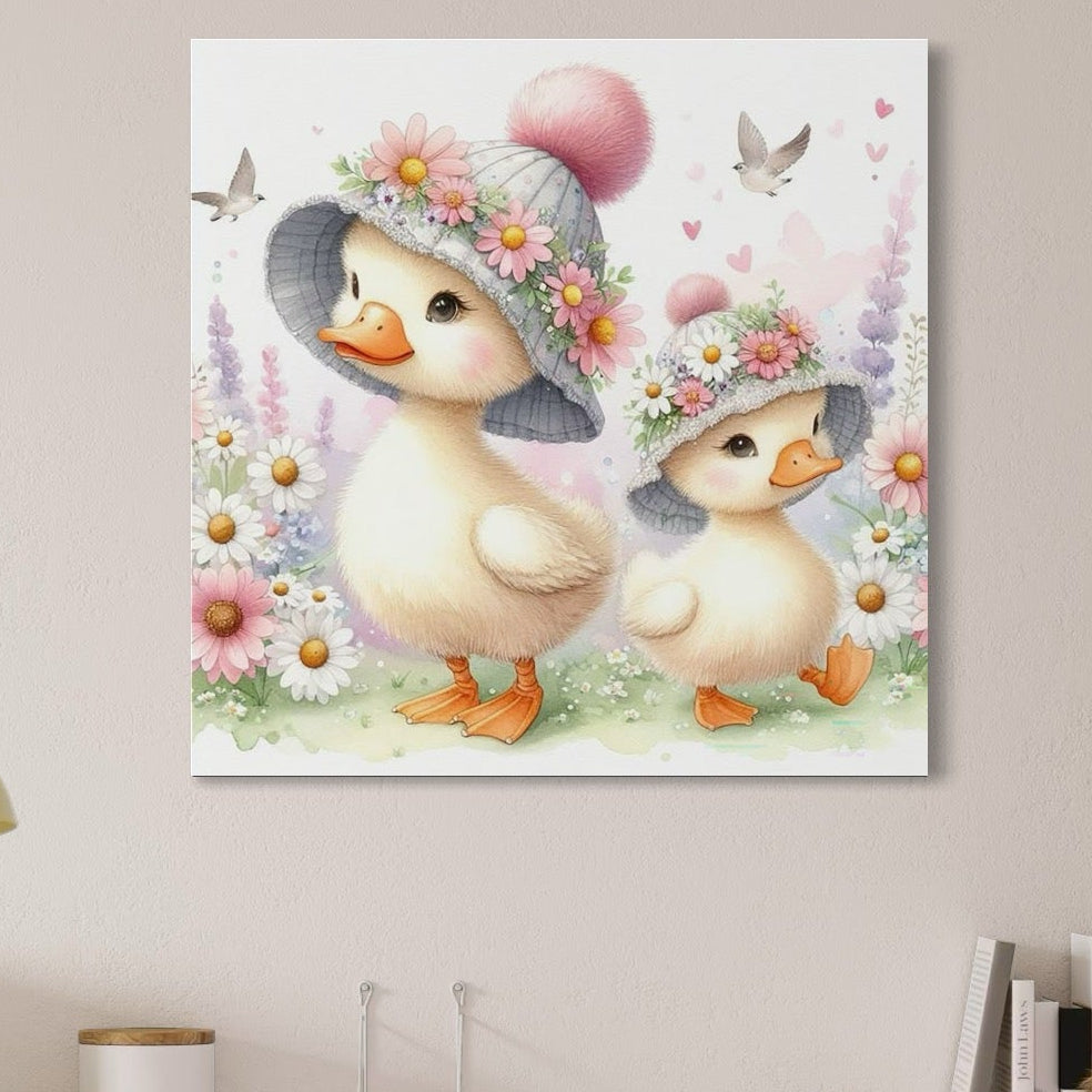 tablou canvas cu doua ratuste cu palarii inflorate, intr-o gradina pastelata cu floricele si pasari