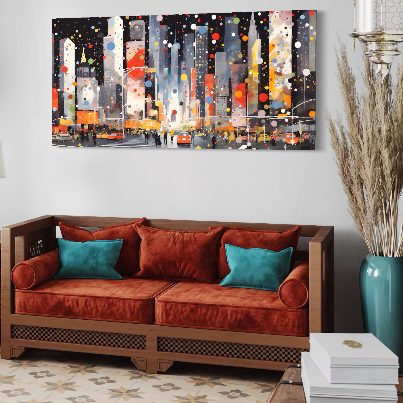 Tablou Canvas Premium LuxCanva® A1613, Un Oras Abstract , Living, Oameni, Lumini, Cladiri, Decorativ, Dormitor, Culori Vibrante