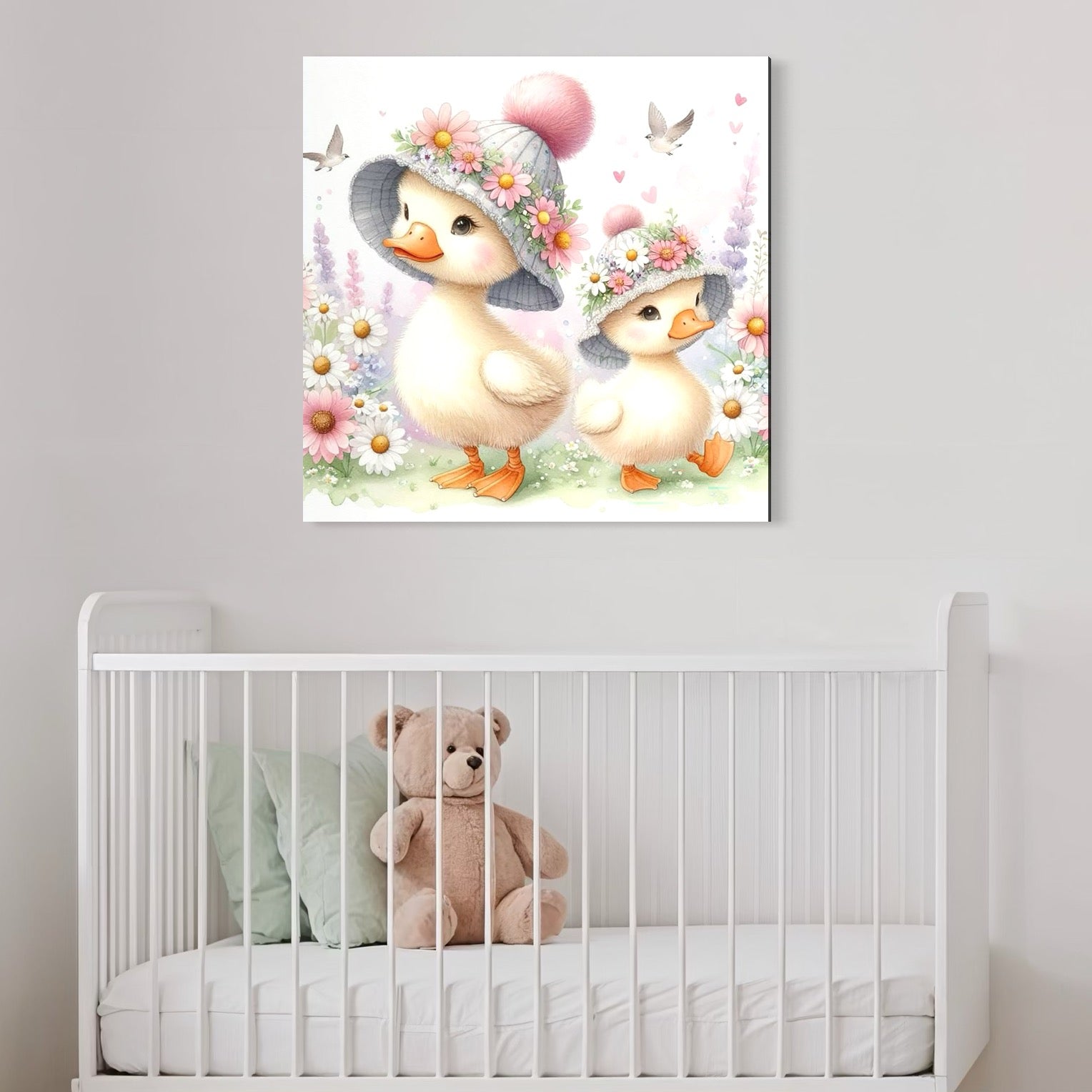 tablou canvas cu doua ratuste cu palarii inflorate, intr-o gradina pastelata cu floricele si pasari