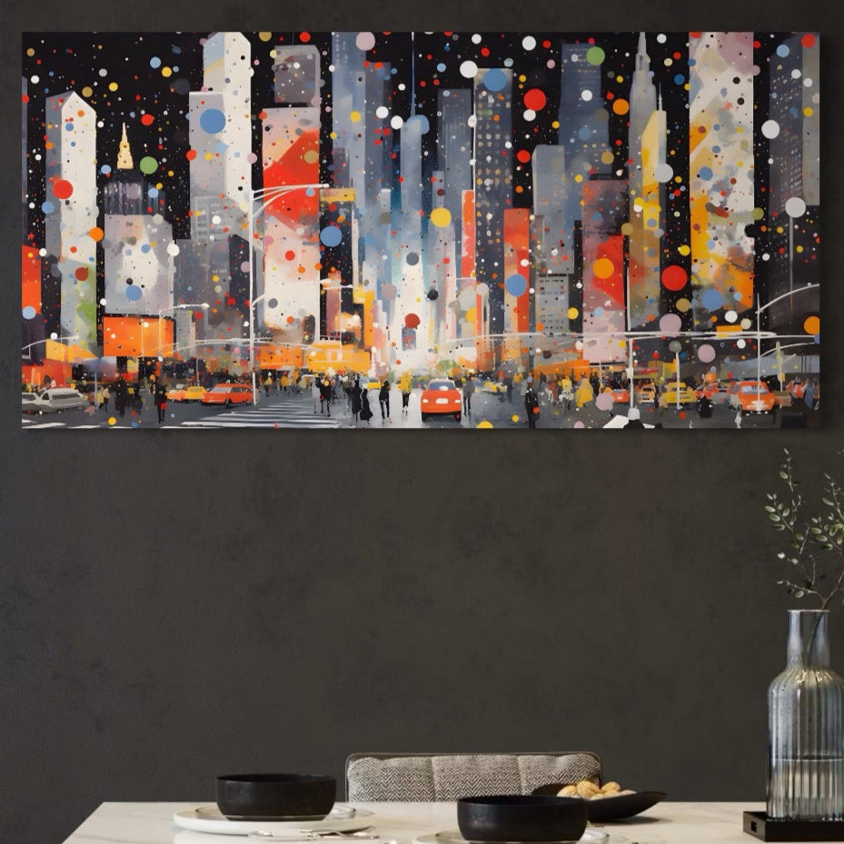 Tablou Canvas Premium LuxCanva® A1613, Un Oras Abstract , Living, Oameni, Lumini, Cladiri, Decorativ, Dormitor, Culori Vibrante