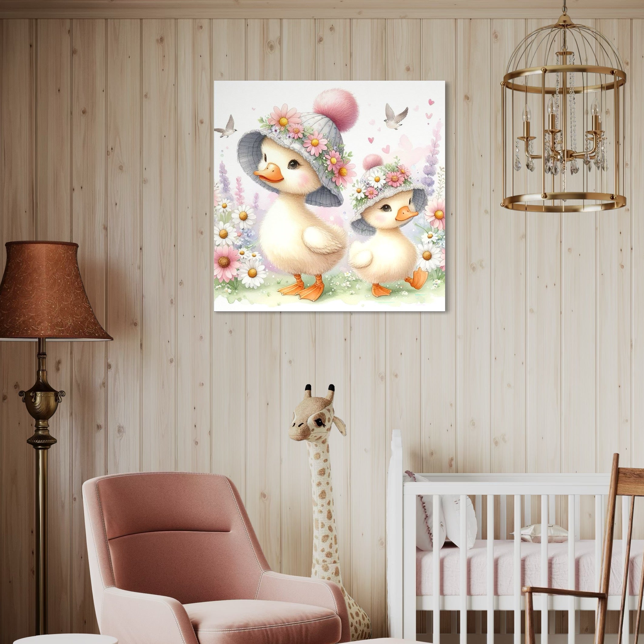 tablou canvas cu doua ratuste cu palarii inflorate, intr-o gradina pastelata cu floricele si pasari