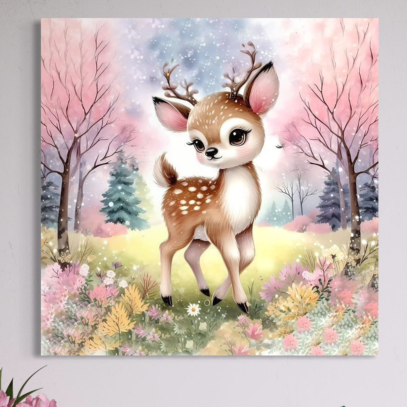 tablou canvas cu un pui de caprioara, intr-o padure cu flori si copaci redati in nuante pastelate