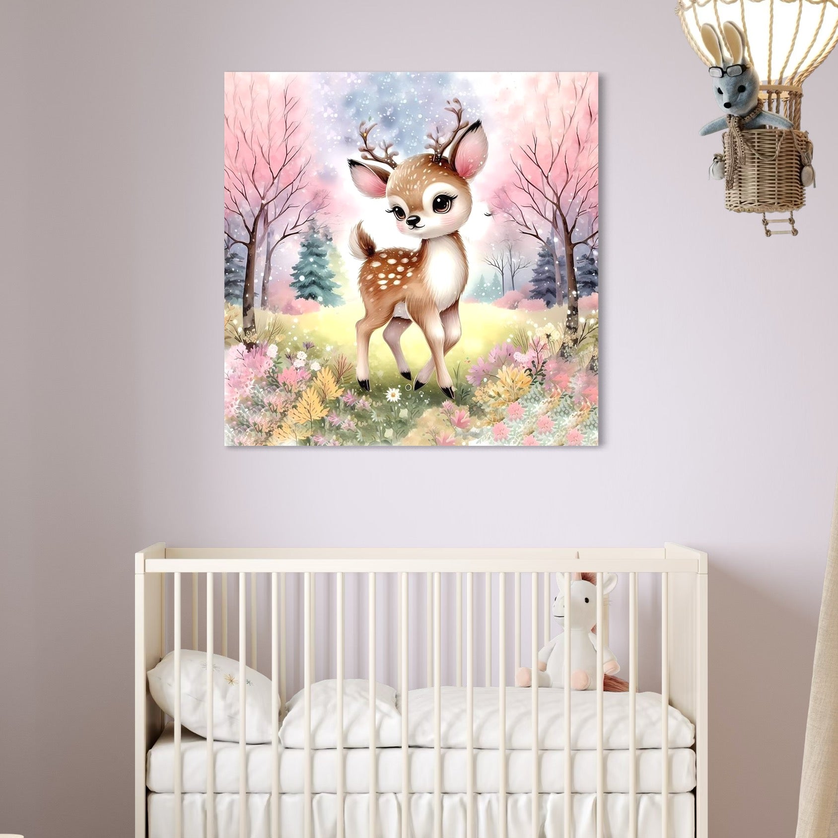 tablou canvas cu un pui de caprioara, intr-o padure cu flori si copaci redati in nuante pastelate