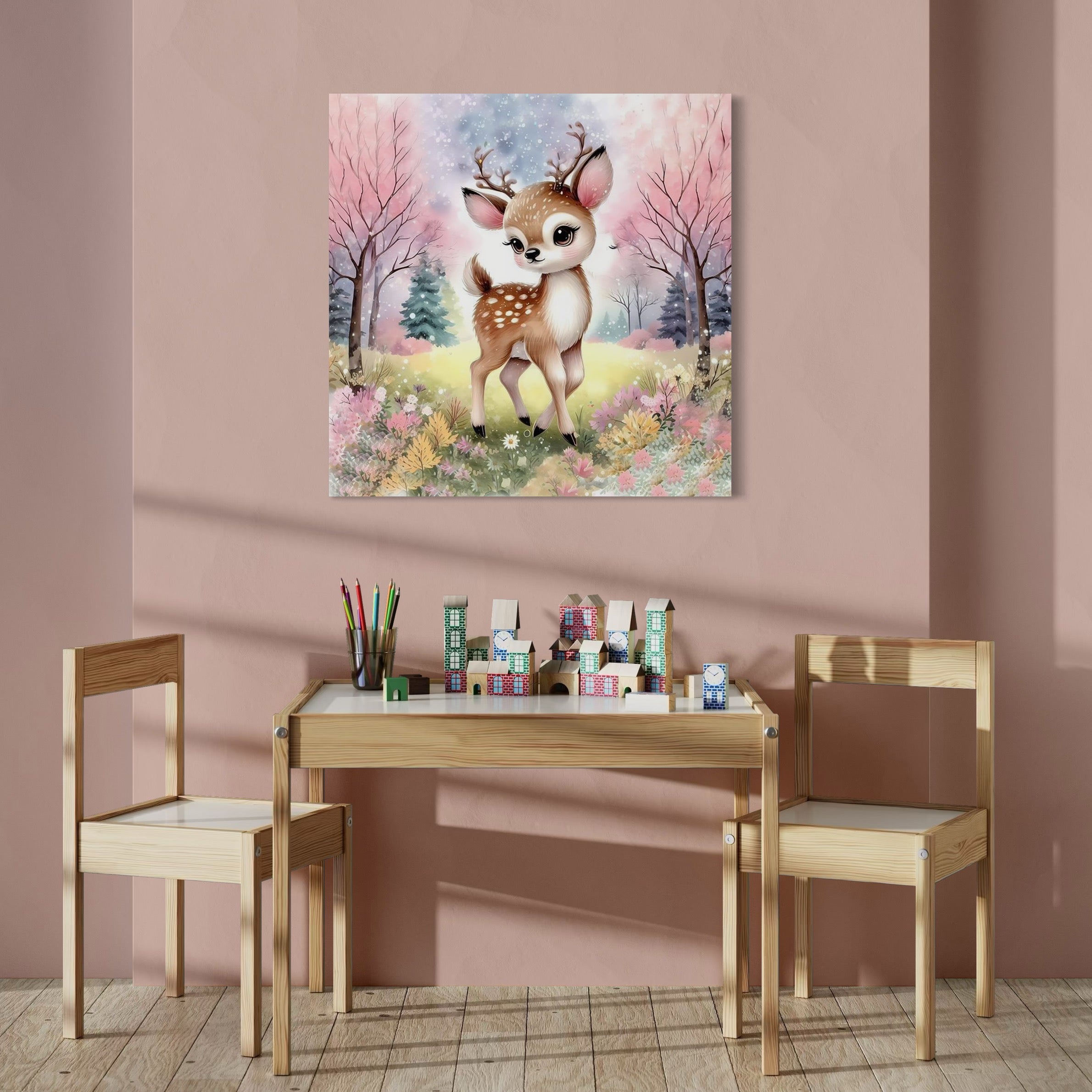 tablou canvas cu un pui de caprioara, intr-o padure cu flori si copaci redati in nuante pastelate