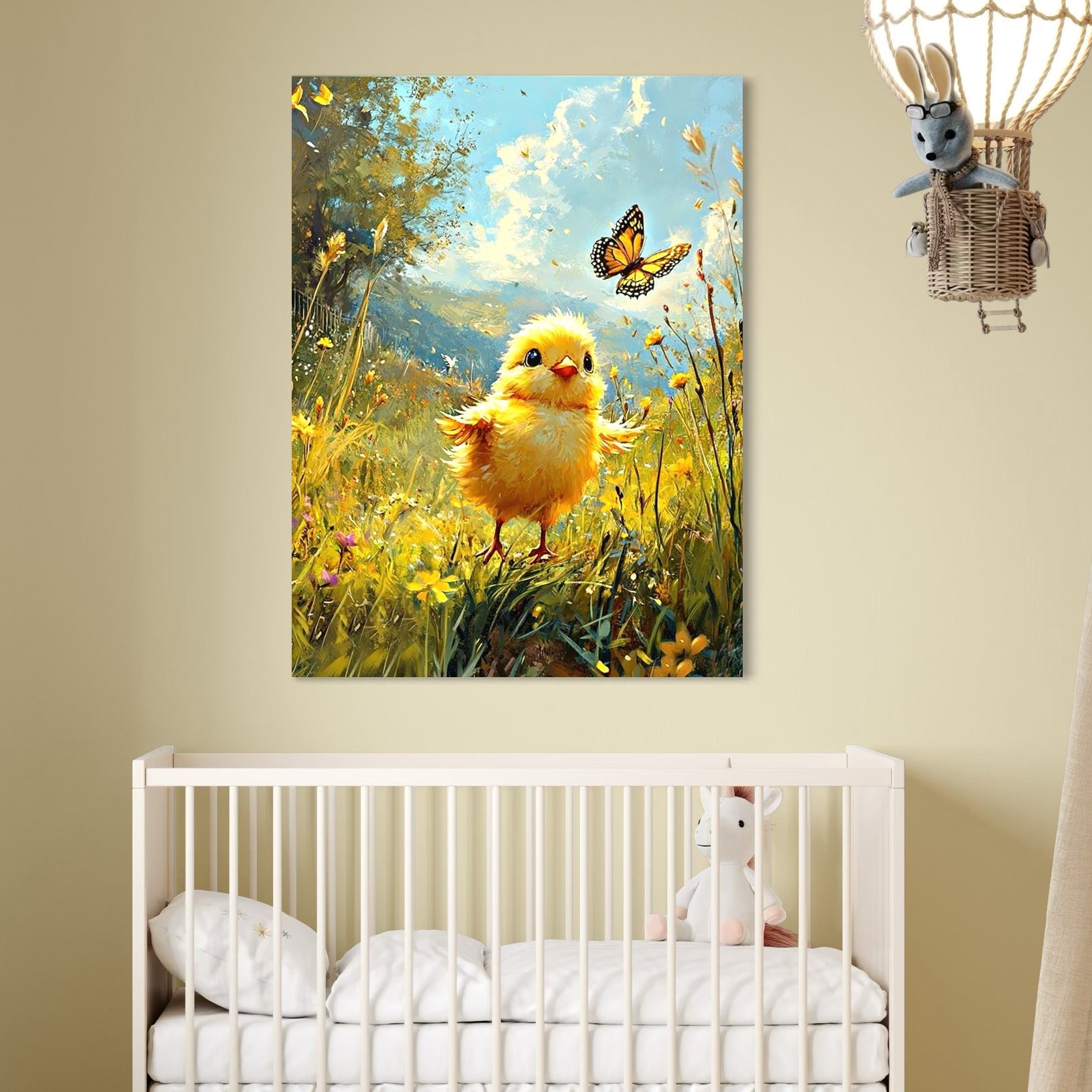 tablou canvas cu un pui galben alergand un fluture printr-o campie cu flori