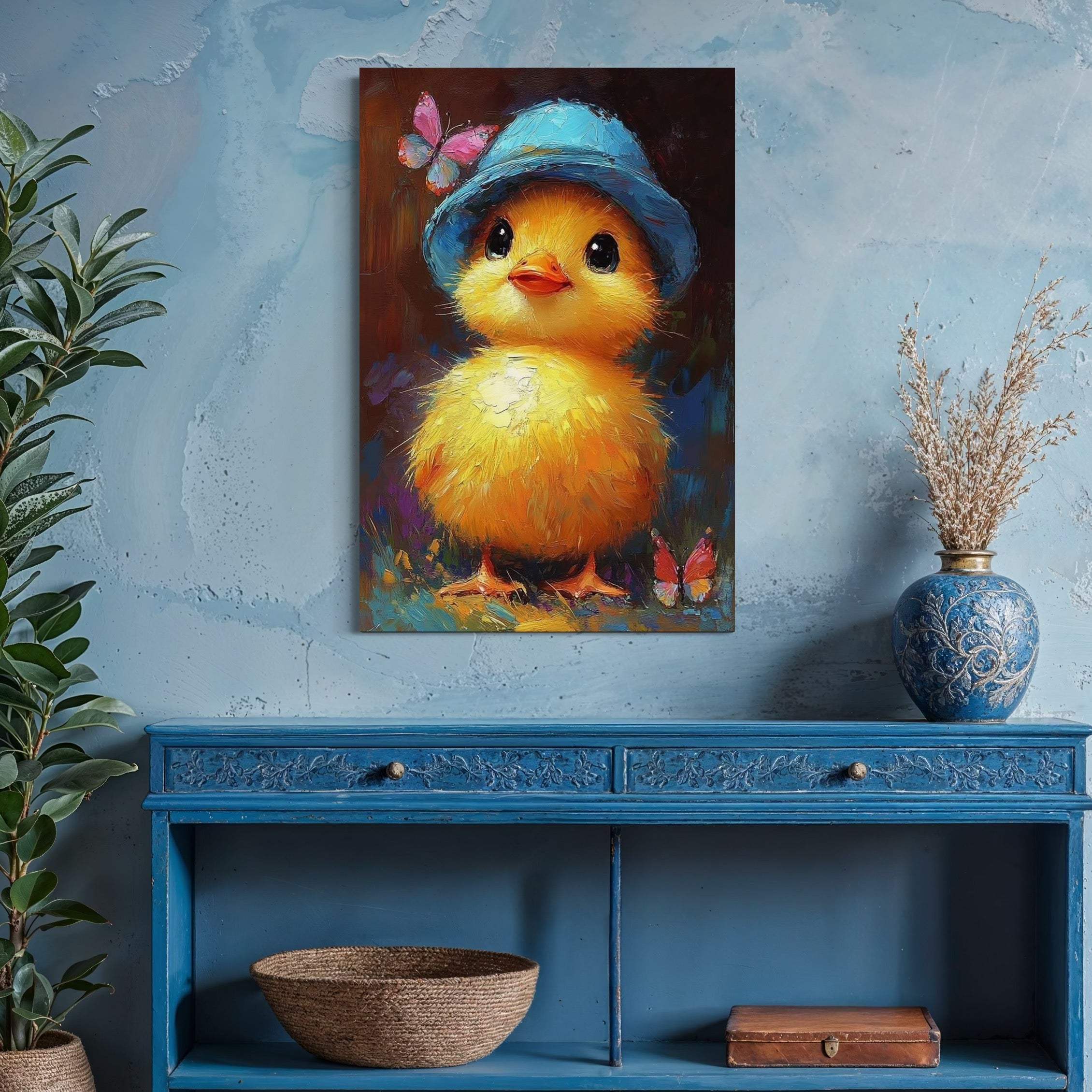 tablou canvas cu un pui galben cu palarie albastra, pictat alaturi de fluturasi multicolori