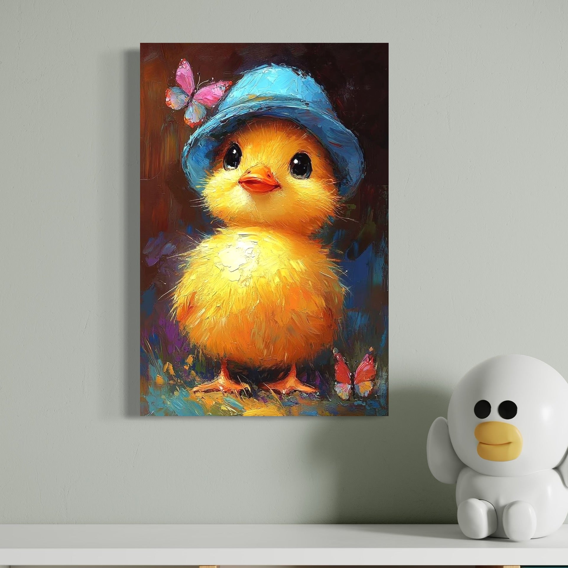 tablou canvas cu un pui galben cu palarie albastra, pictat alaturi de fluturasi multicolori