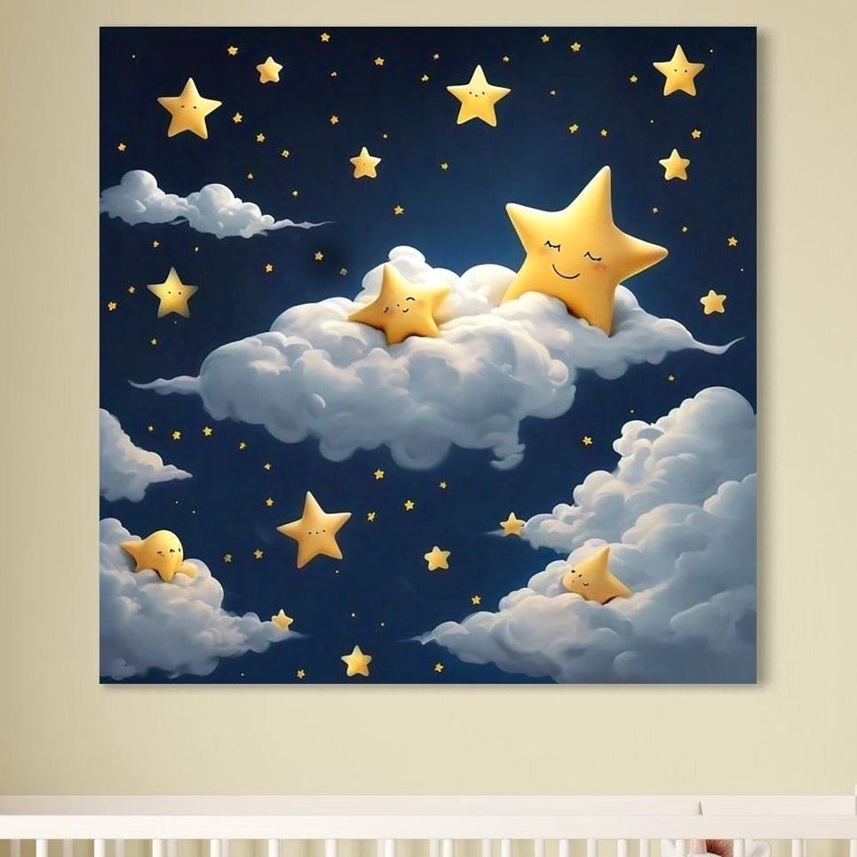 tablou canvas cu cerul albastru pe timp de noapte cu norisori si stelute galbene