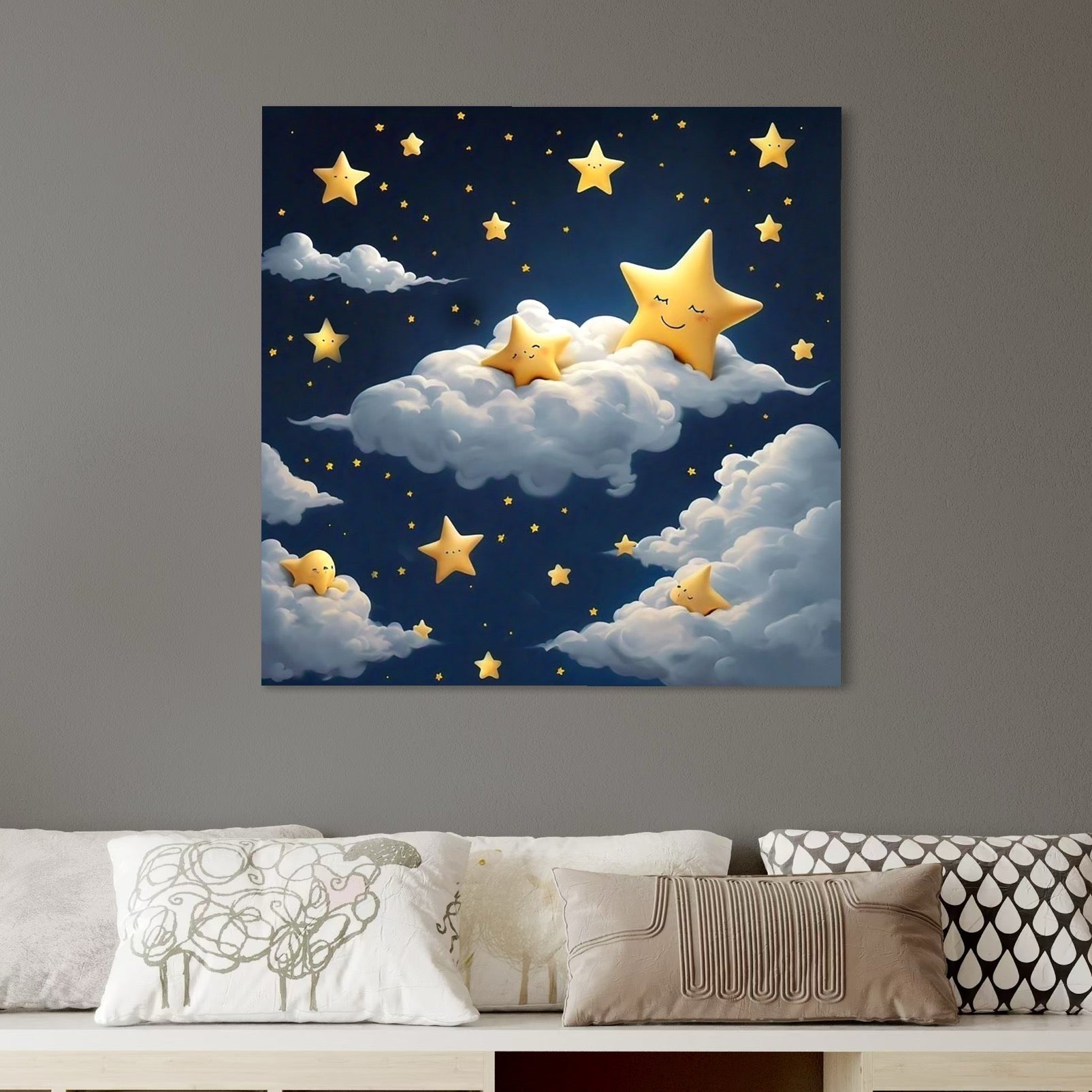 tablou canvas cu cerul albastru pe timp de noapte cu norisori si stelute galbene