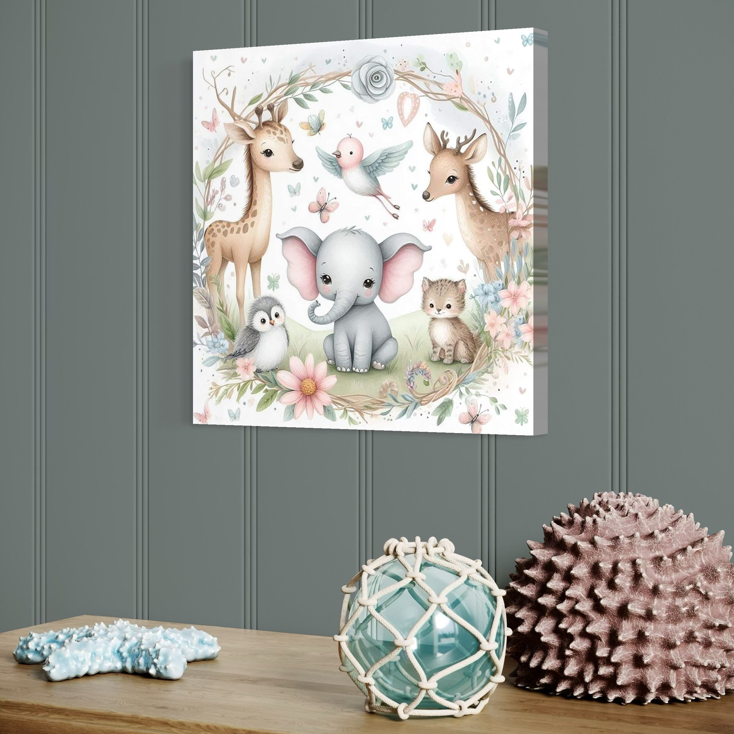 tablou canvas cu un elefantel, pasari, caprioare si un pisoias, sub o arcada de crengute cu flori si frunze verzi