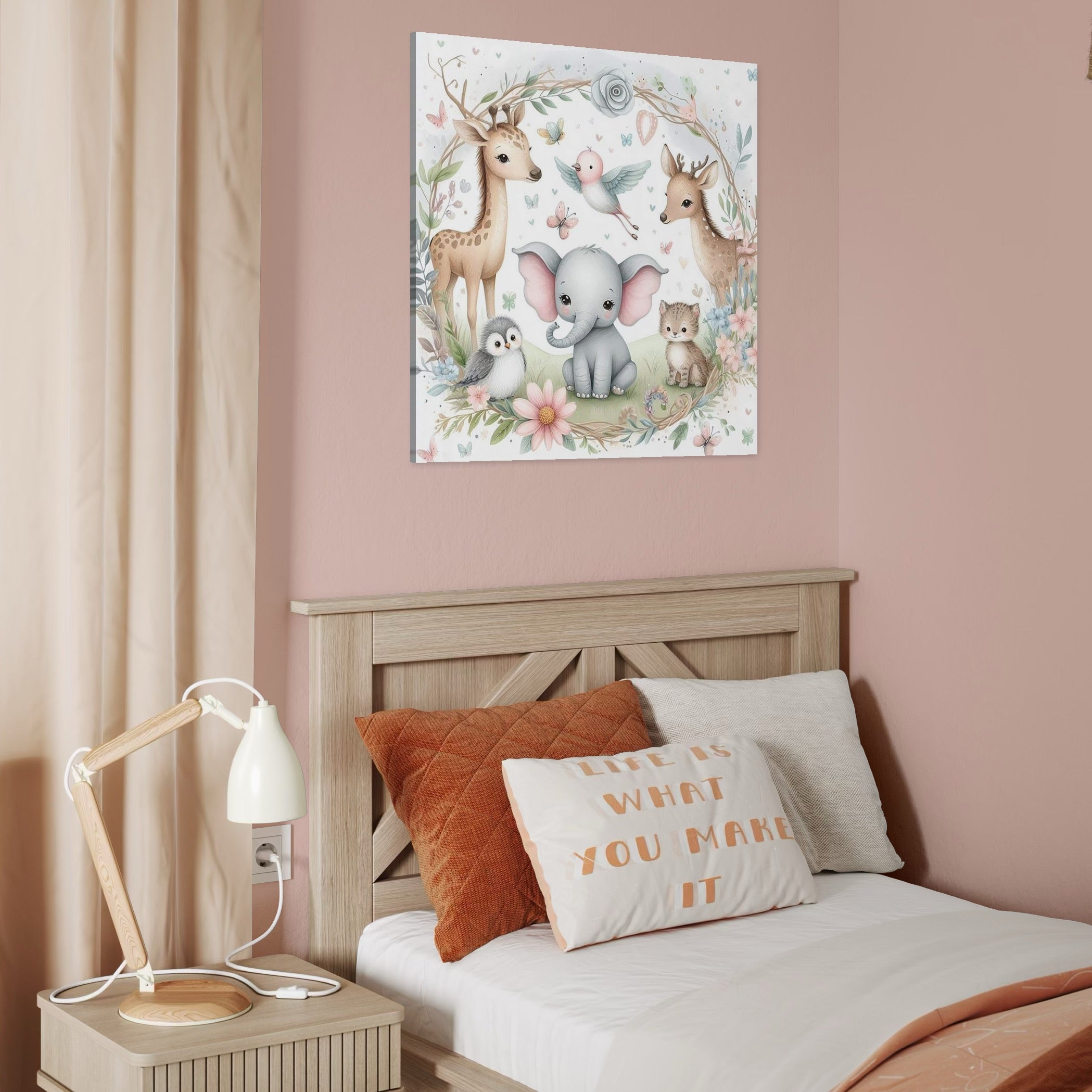 tablou canvas cu un elefantel, pasari, caprioare si un pisoias, sub o arcada de crengute cu flori si frunze verzi