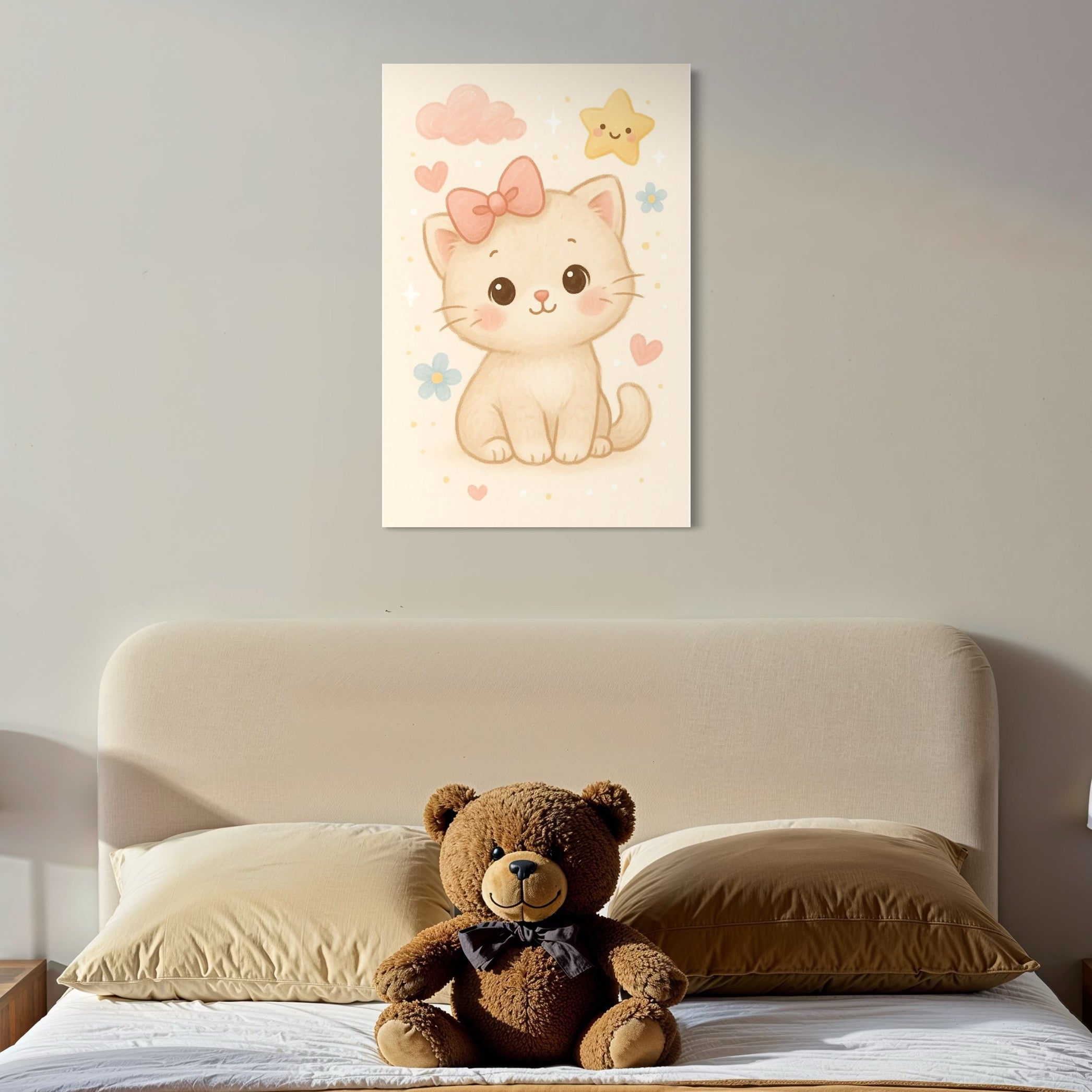 tablou canvas cu un pui de pisicuta cu fundita roz, pe fundal cu norisori, floricele, inimioare si o steluta galbena