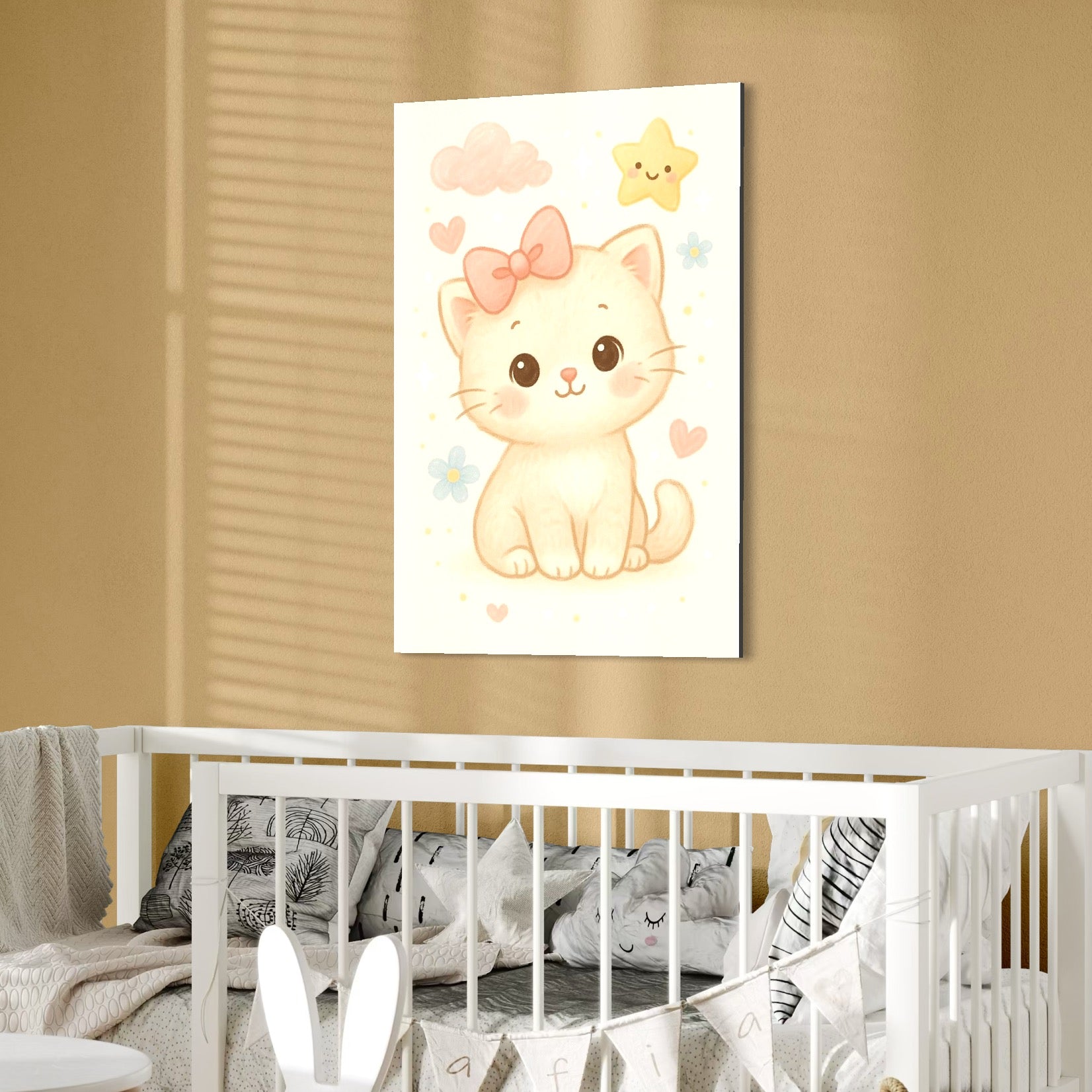 tablou canvas cu un pui de pisicuta cu fundita roz, pe fundal cu norisori, floricele, inimioare si o steluta galbena