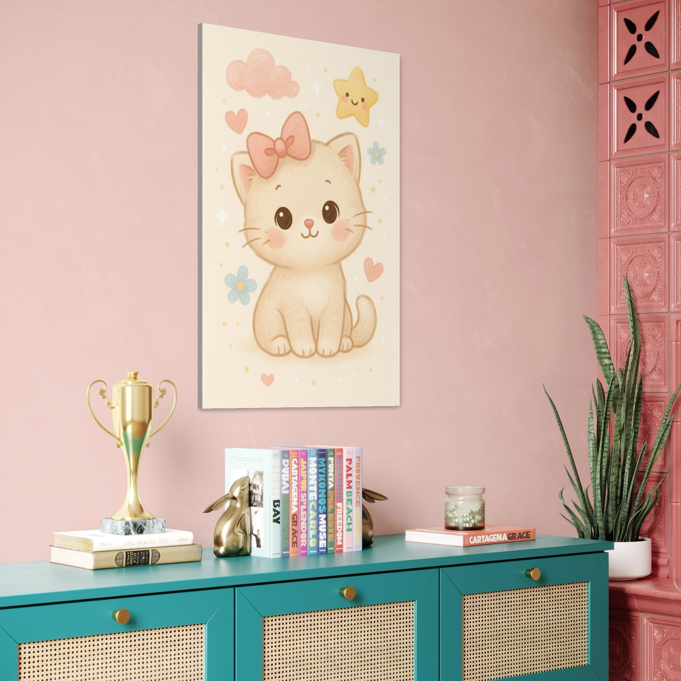 tablou canvas cu un pui de pisicuta cu fundita roz, pe fundal cu norisori, floricele, inimioare si o steluta galbena