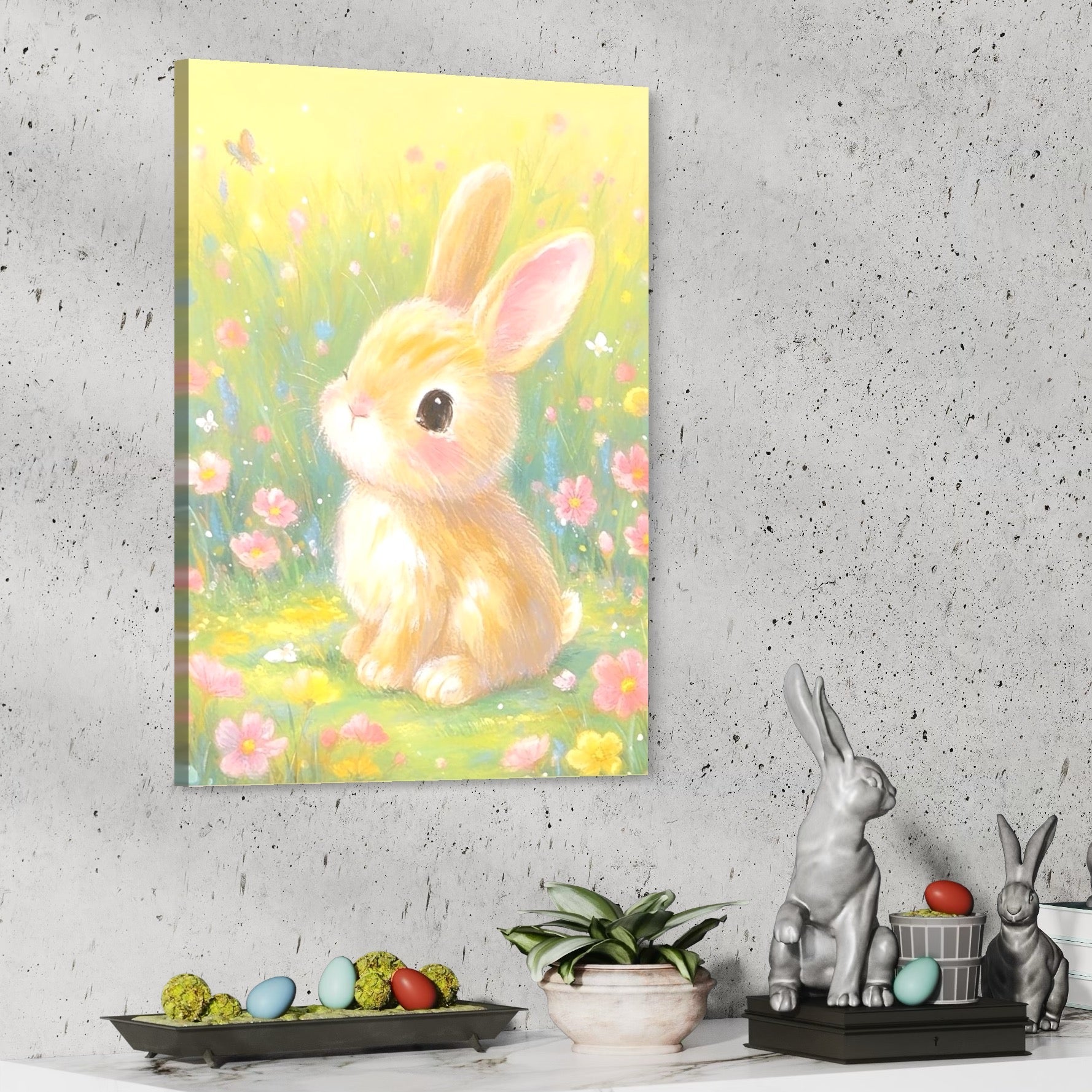 tablou canvas cu un pui de iepuras intr-o gradina luminata cu floricele colorate