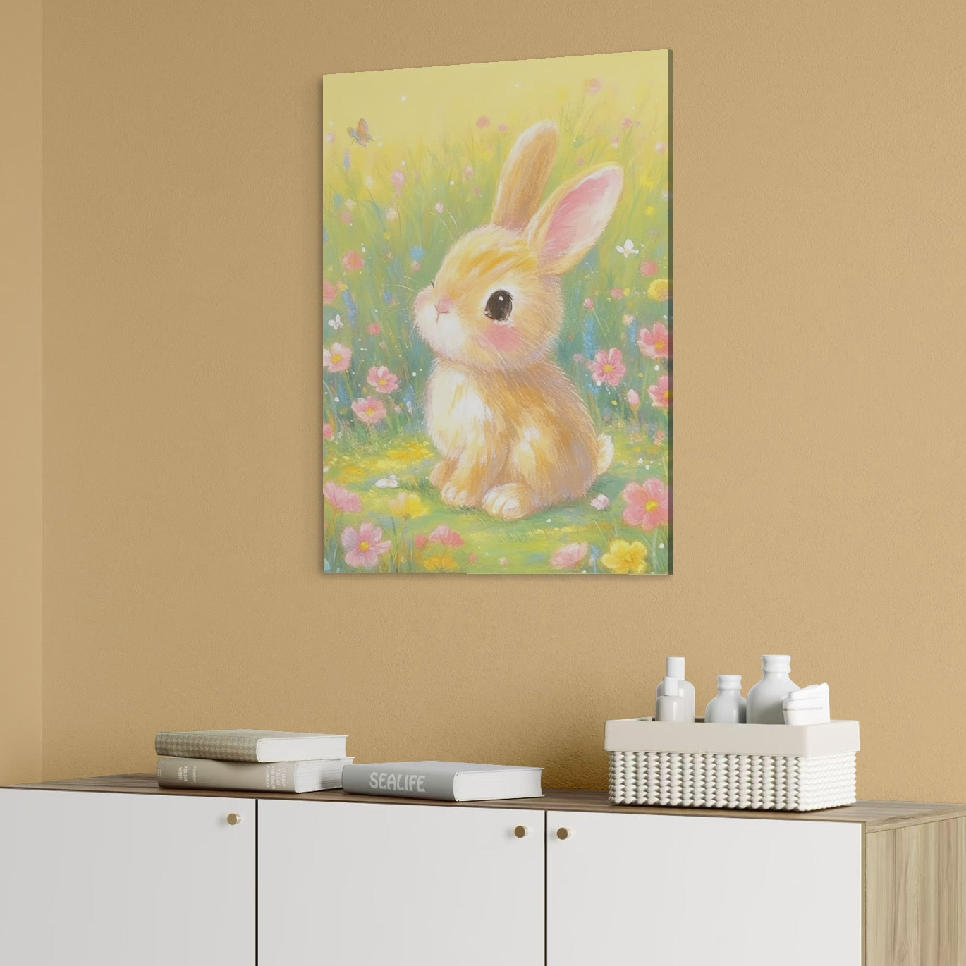 tablou canvas cu un pui de iepuras intr-o gradina luminata cu floricele colorate