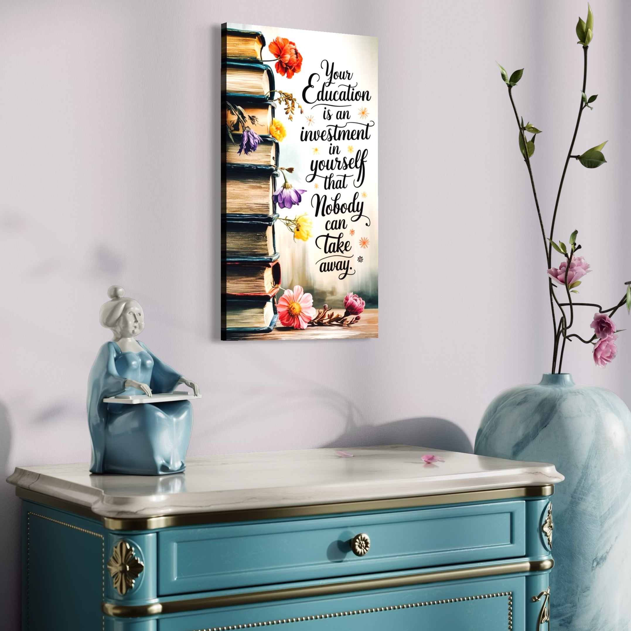 Tablou Canvas Premium, LuxCanva® Q1018, Puterea Educatiei, Carti, Cunoastere, Motivatie, Scoala, Dezvoltare, Flori, Mentor, Cultura, Succes, Birou, Dormitor