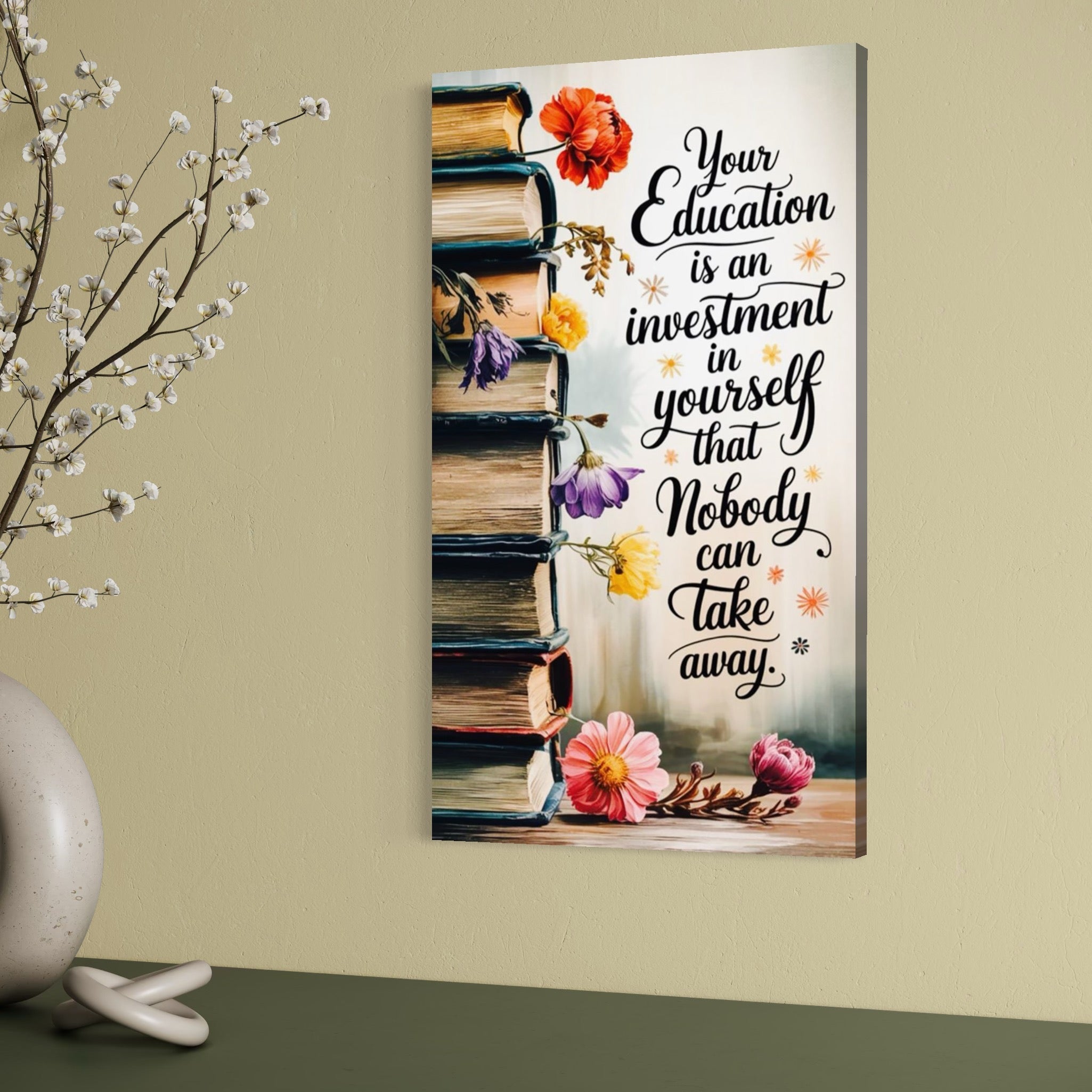 Tablou Canvas Premium, LuxCanva® Q1018, Puterea Educatiei, Carti, Cunoastere, Motivatie, Scoala, Dezvoltare, Flori, Mentor, Cultura, Succes, Birou, Dormitor