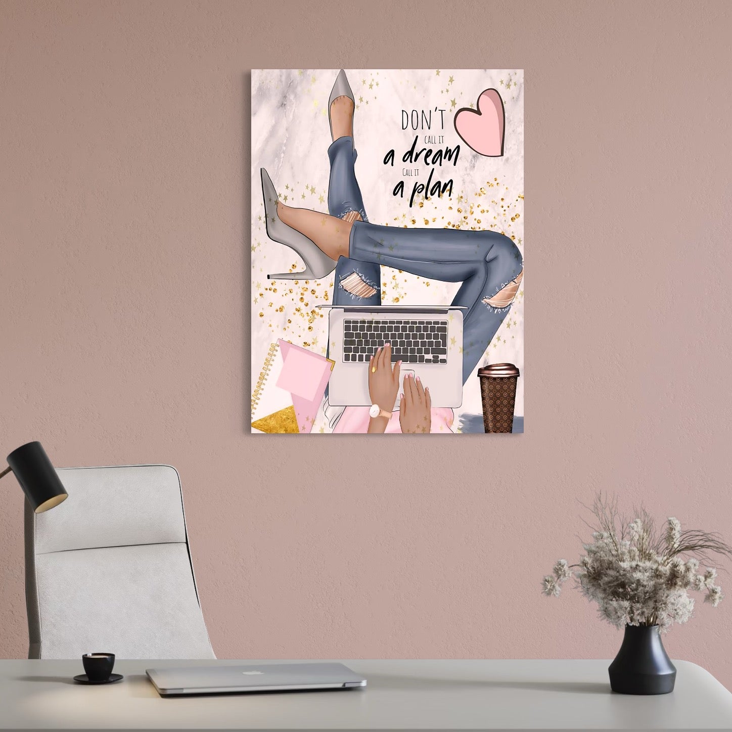 Tablou Canvas Premium, LuxCanva® Q1019, Ambitie cu Stil, Plan, Vis, Cariera, Business, Laptop, Cafea, Munca, Motivational, Feminin, Birou, Dormitor