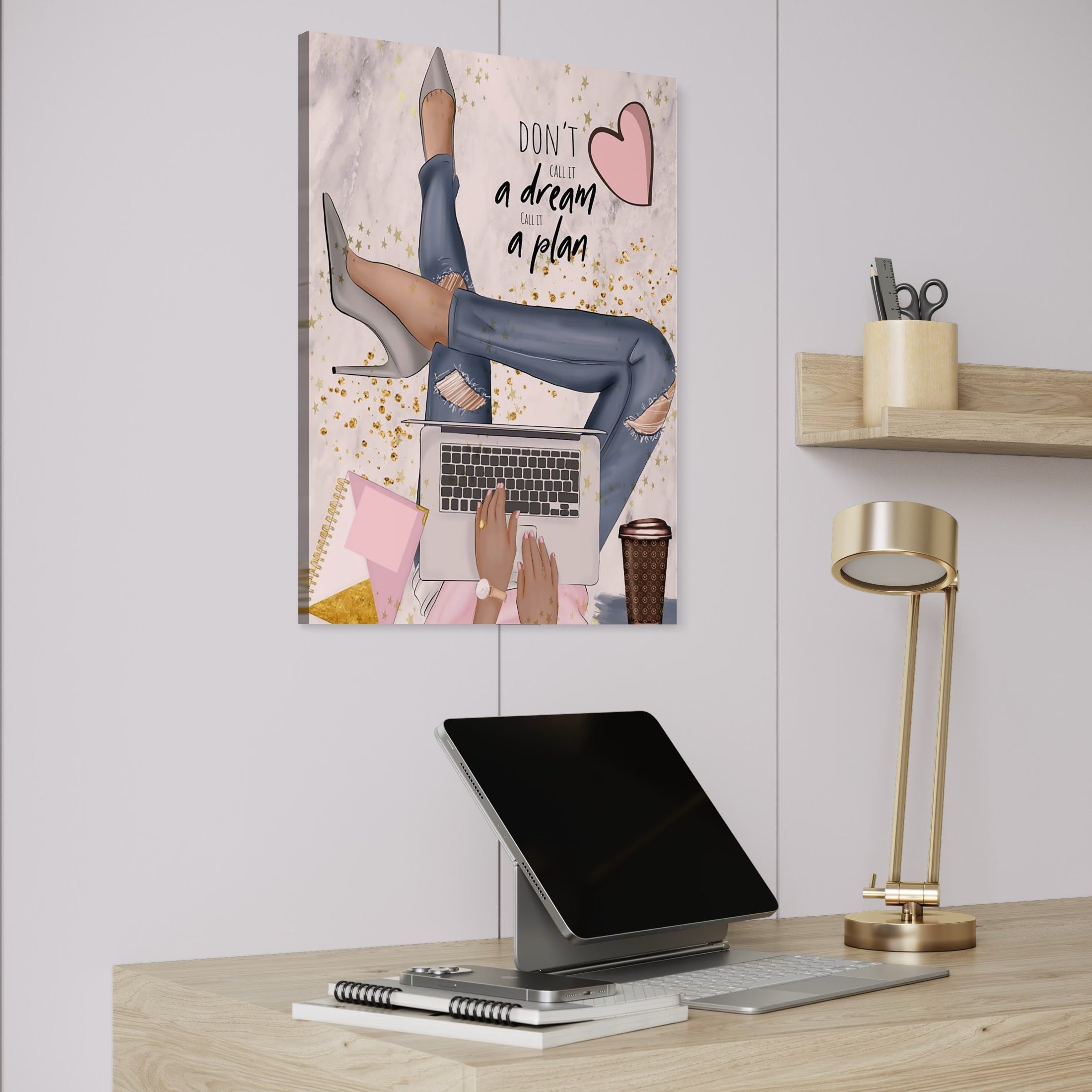 Tablou Canvas Premium, LuxCanva® Q1019, Ambitie cu Stil, Plan, Vis, Cariera, Business, Laptop, Cafea, Munca, Motivational, Feminin, Birou, Dormitor