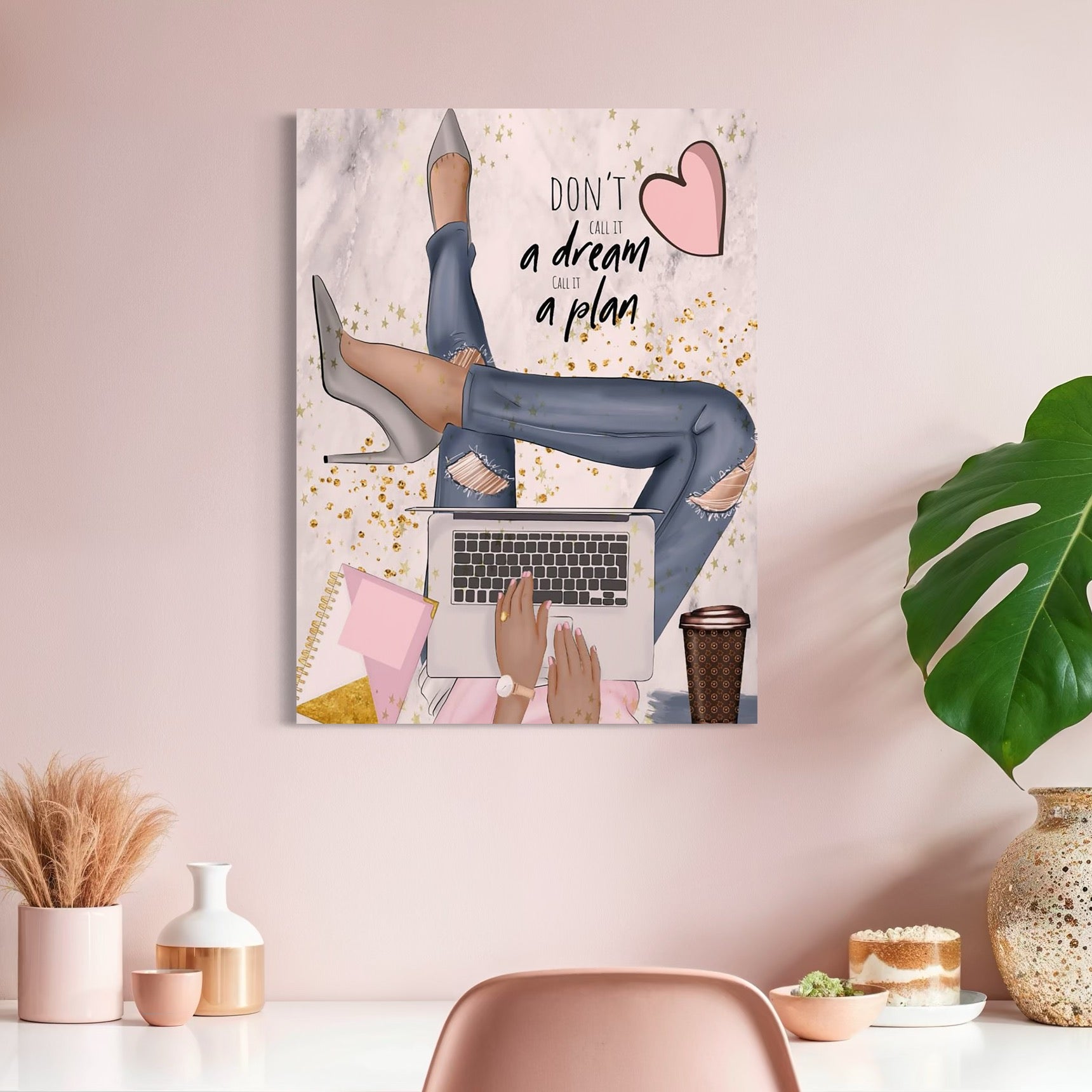 Tablou Canvas Premium, LuxCanva® Q1019, Ambitie cu Stil, Plan, Vis, Cariera, Business, Laptop, Cafea, Munca, Motivational, Feminin, Birou, Dormitor