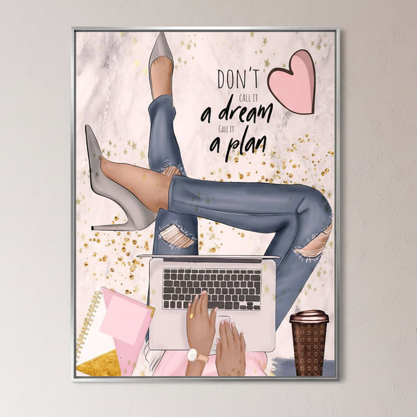 Tablou Canvas Premium, LuxCanva® Q1019, Ambitie cu Stil, Plan, Vis, Cariera, Business, Laptop, Cafea, Munca, Motivational, Feminin, Birou, Dormitor