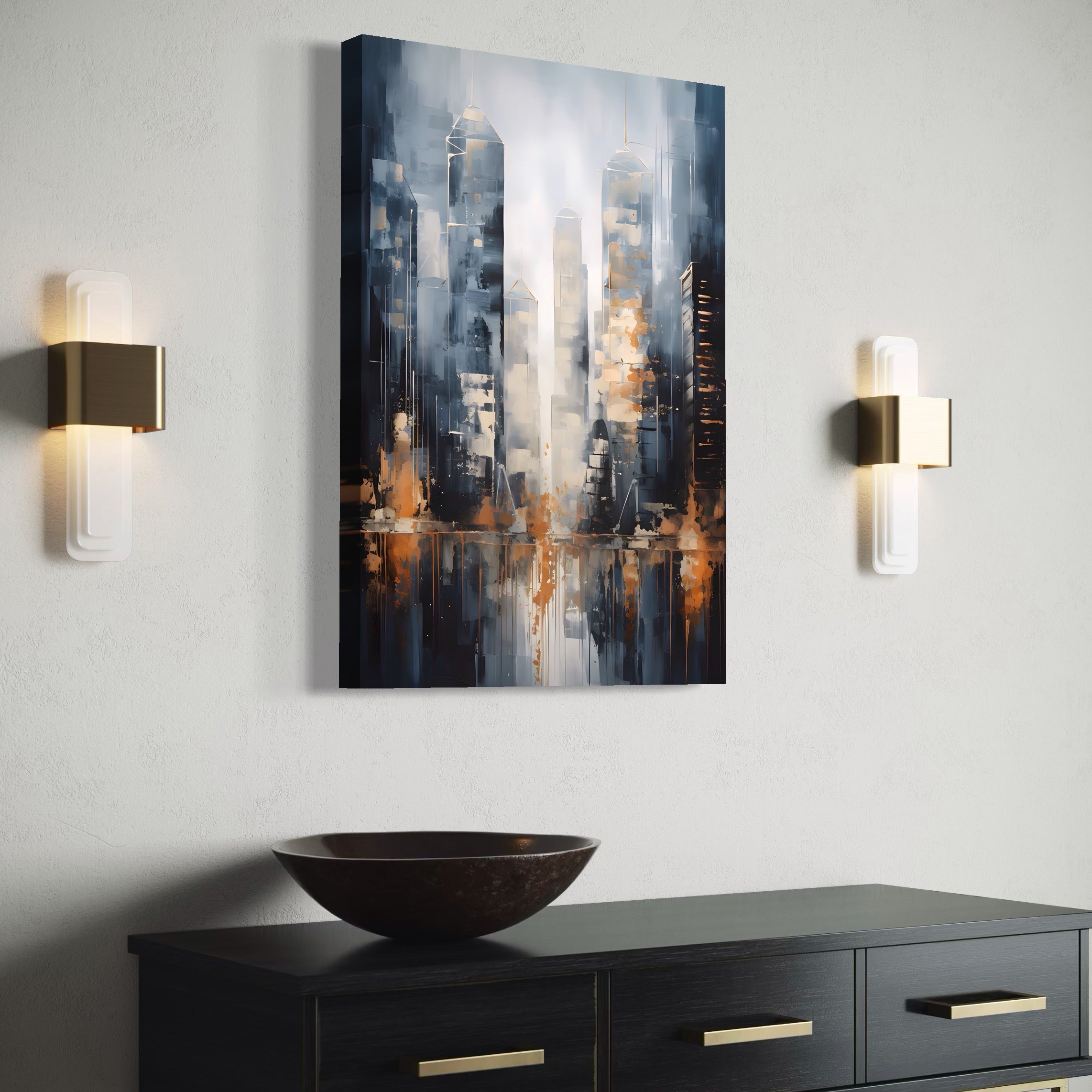Pictura abstracta cu zgarie-nori urbani, tablou canvas pentru perete