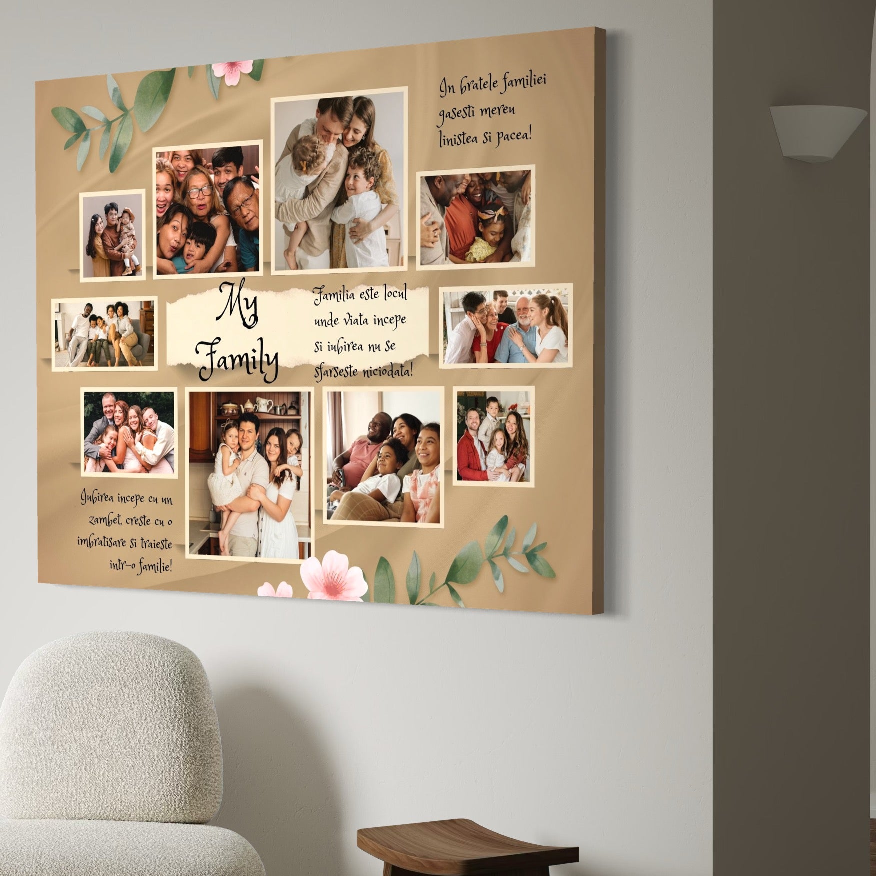 Colaj fotografii familie cu citate, tablou canvas pentru perete