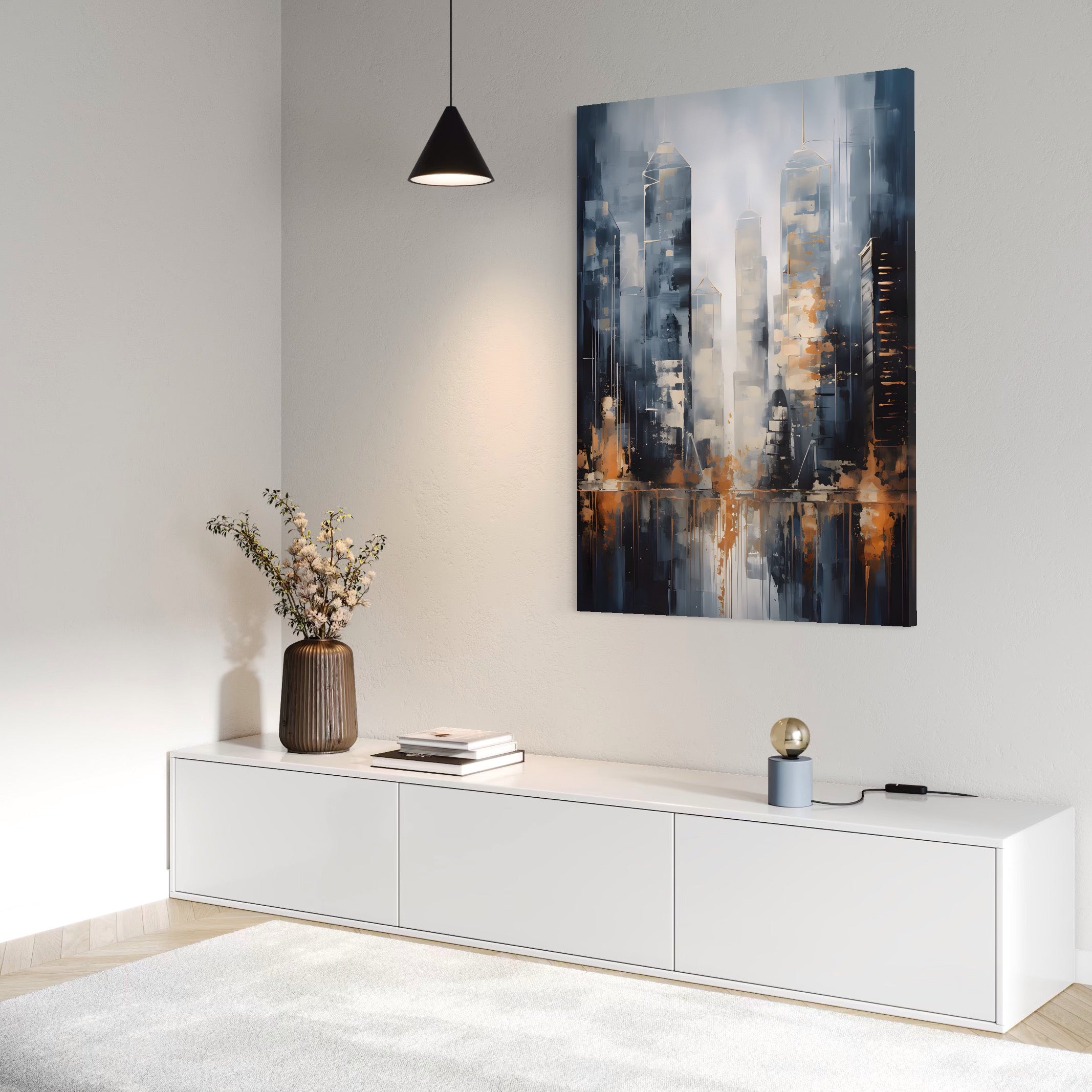 Imagine cu pictura abstracta cu zgarie-nori urbani, tiparita pe panza canvas