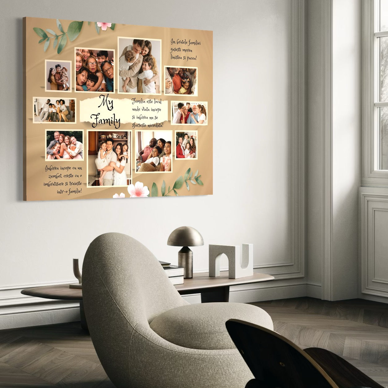 Imagine cu colaj fotografii familie cu citate, tiparita pe panza canvas
