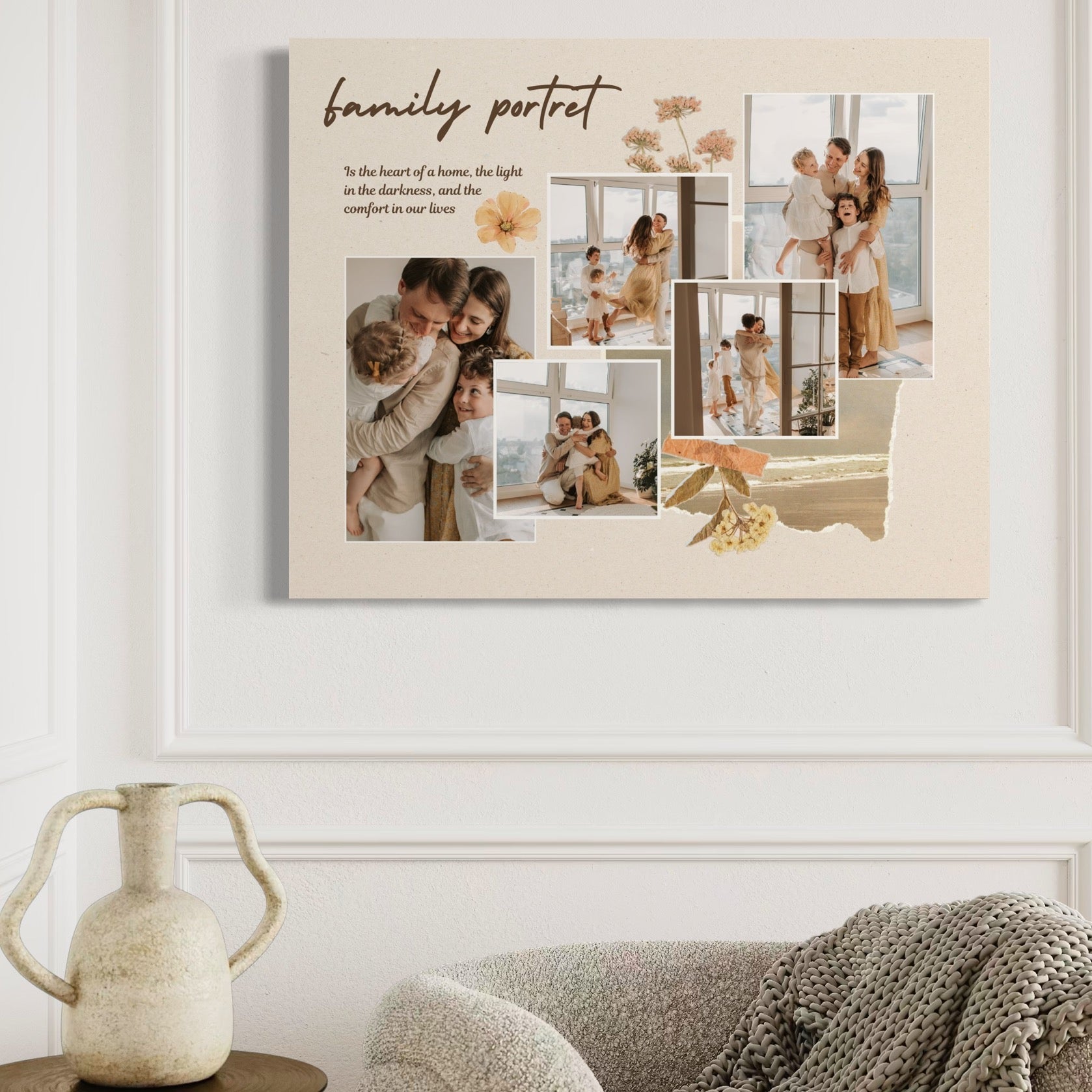 Imagine cu tablou personalizat tip colaj foto de familie, tiparita pe panza canvas