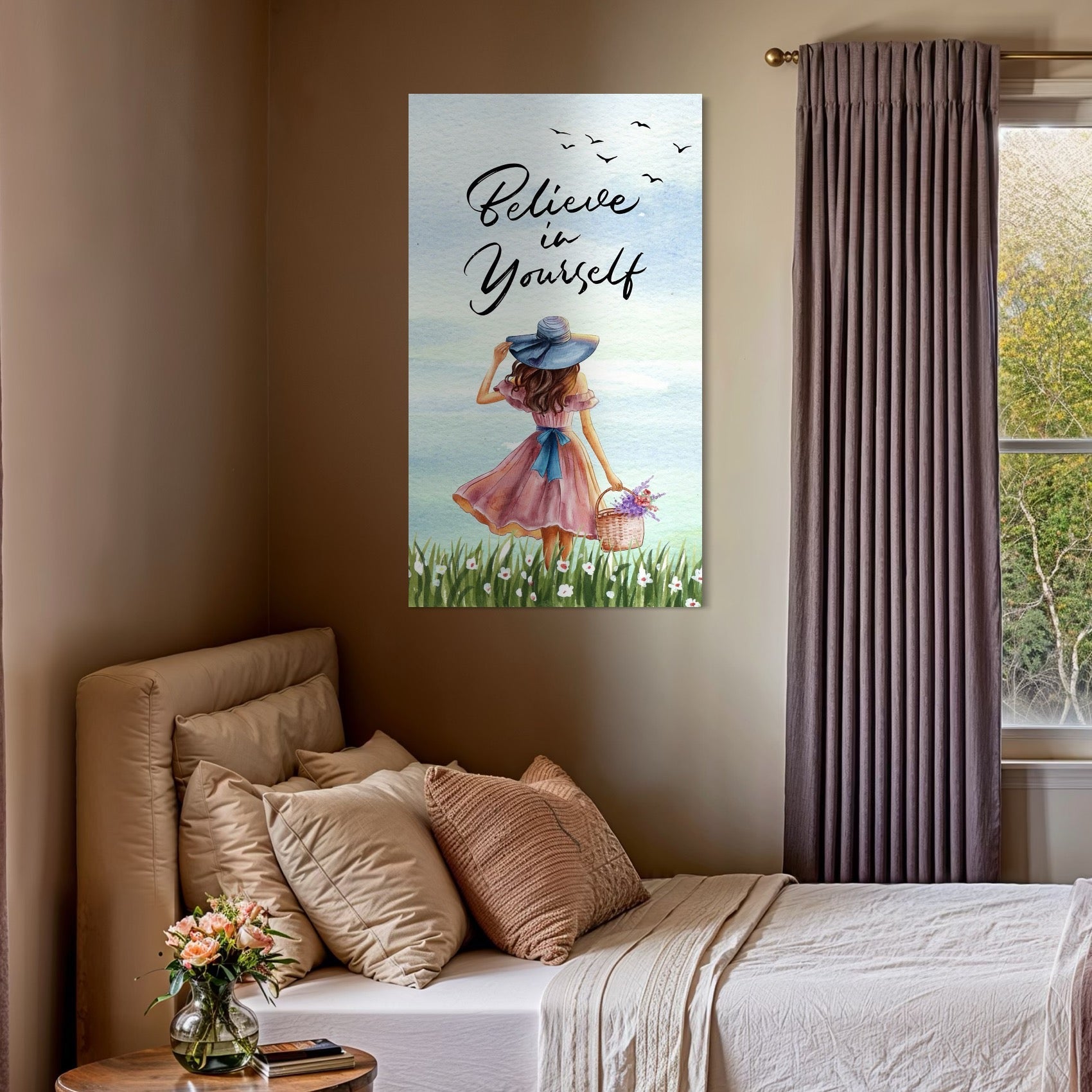 tablou canvas cu o fata cu rochie roz si palarie albastra, cu un cos cu flori colorate, pe fundal cu cer senin si un mesaj motivational