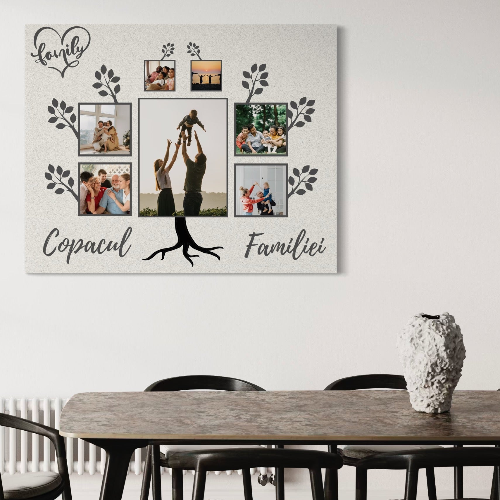 Tablou Canvas cu Arbore Genealogic si Fotografii, Gri si Alb, PS113
