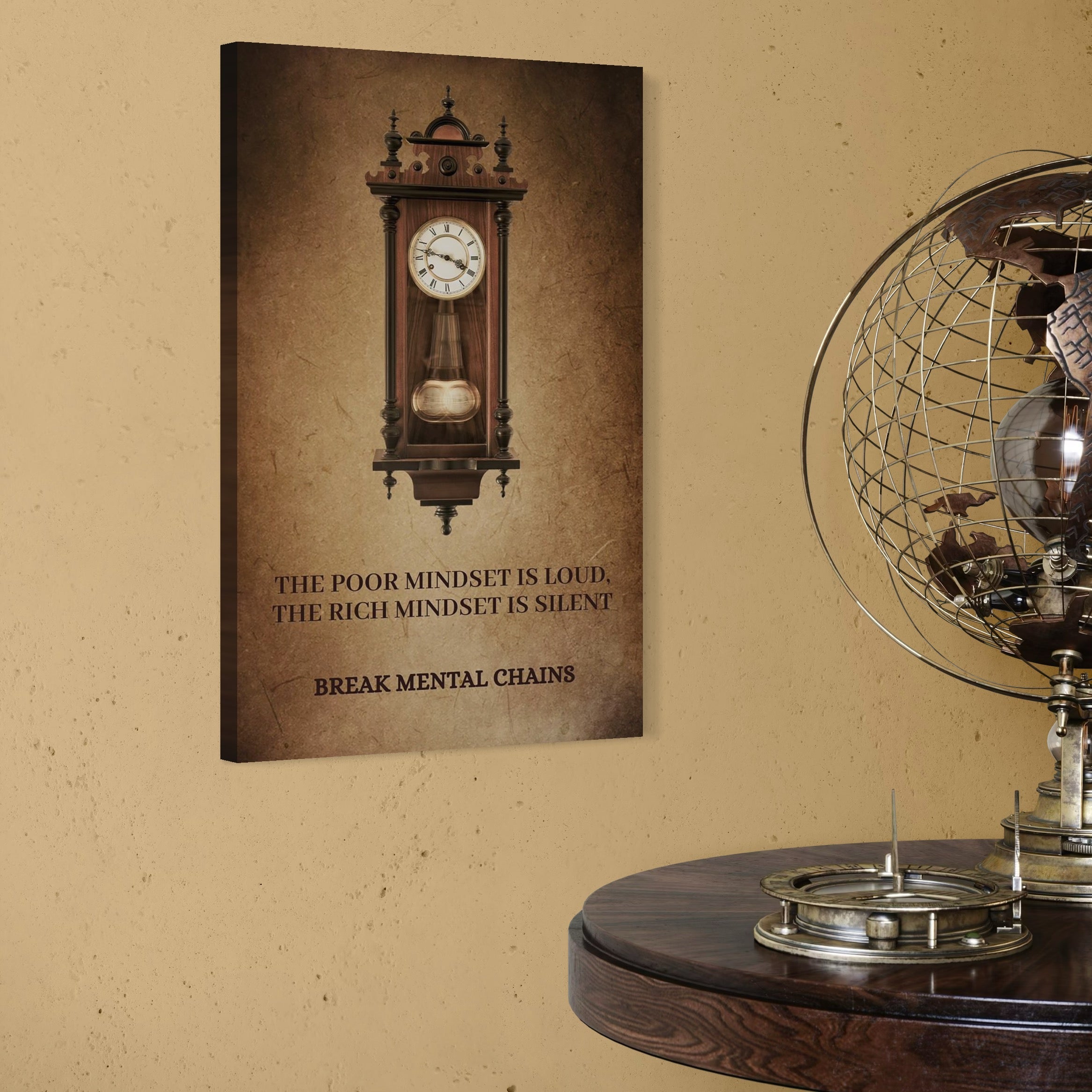 tablou canvas cu un ceas de perete vintage, pe fundal bej-maro cu un mesaj motivational