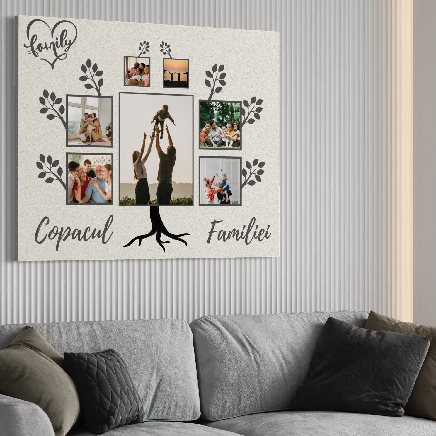 Tablou Canvas cu Arbore Genealogic si Fotografii, Gri si Alb, PS113