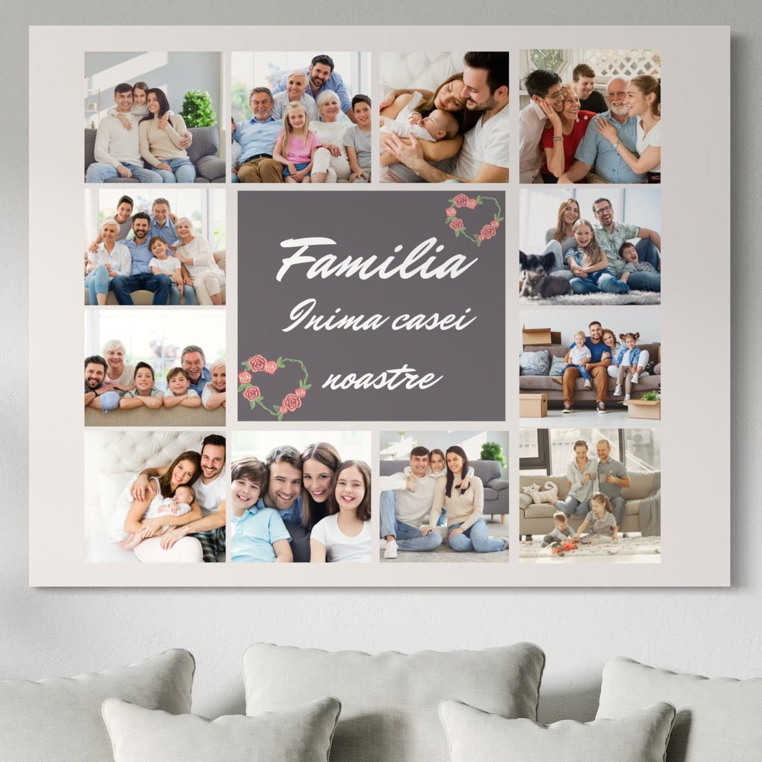 Tablou canvas cu colaj foto familie pe perete