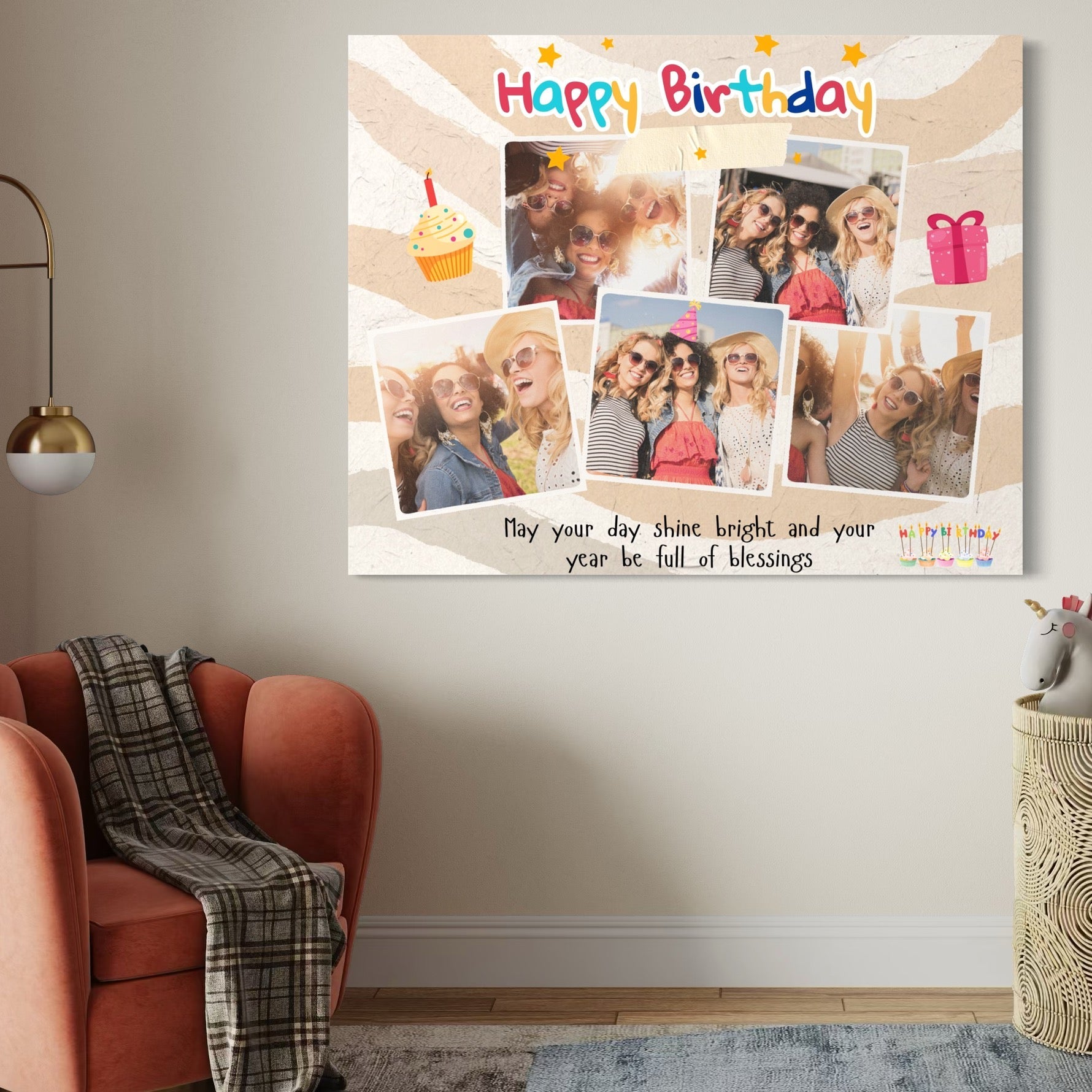 Imagine cu tablou personalizat happy birthday cu colaj foto, tiparita pe panza canvas